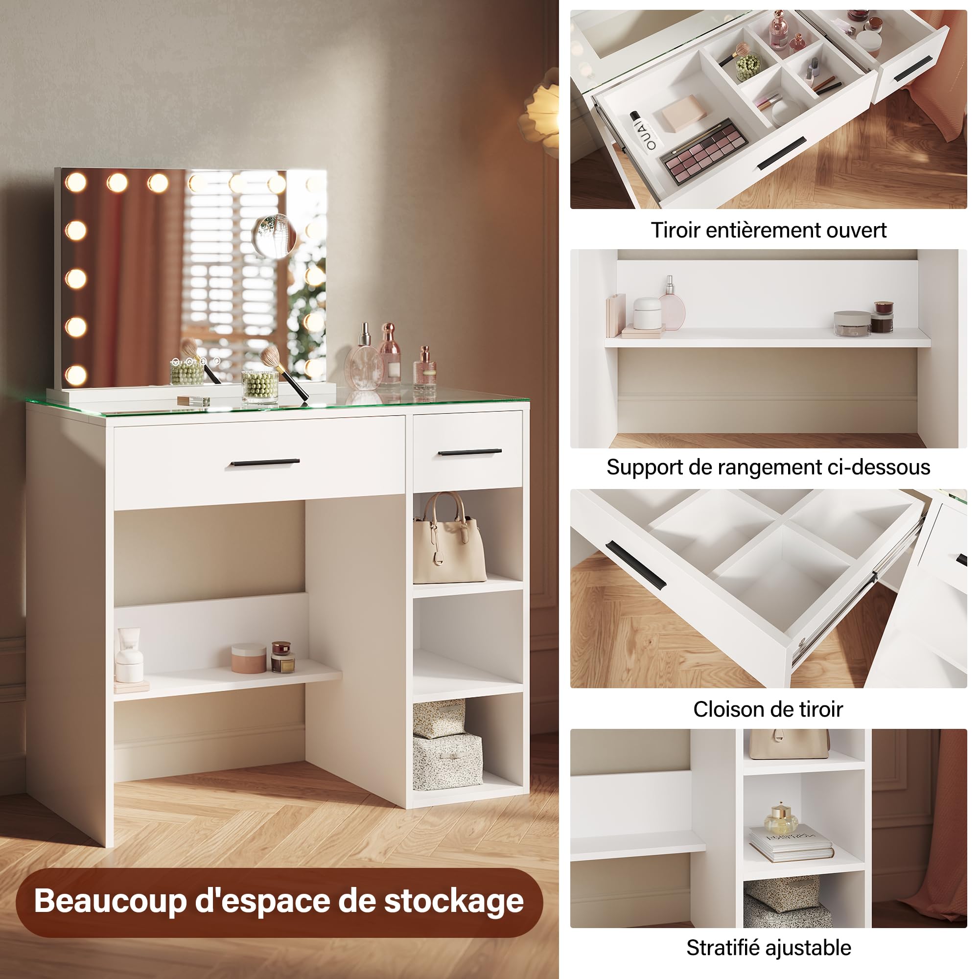 SIRHONA Coiffeuse Contemporaine en Bois Blanc, 90x40x77cm, avec Vitre en Verre Transparente, 2 Tiroirs et Étagère, Table de Maquillage sans Miroir