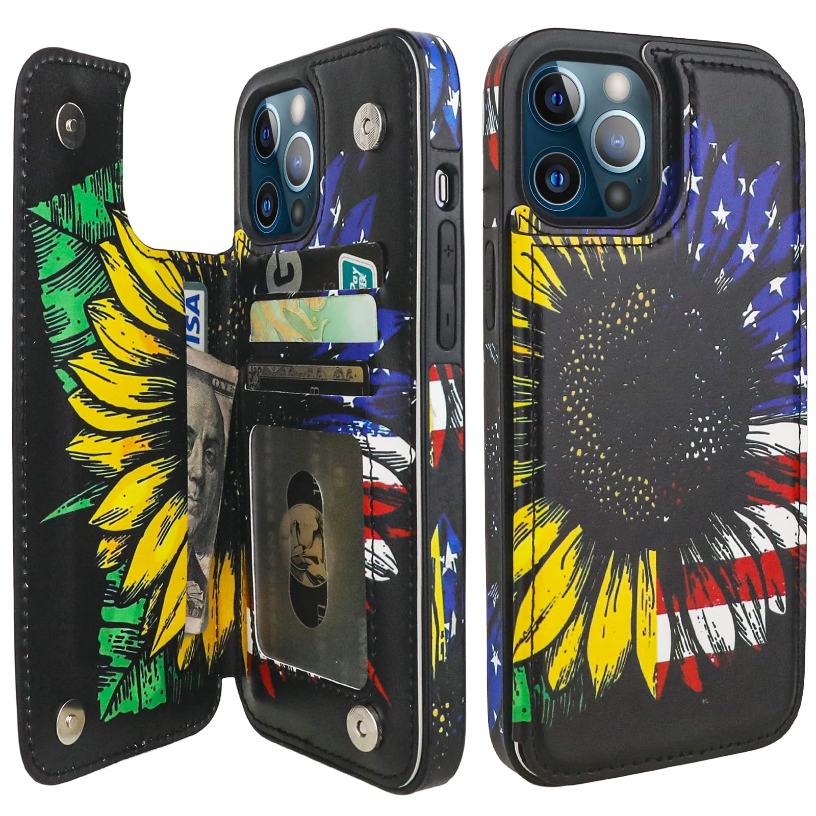 HAOPINSH for iPhone 12 Pro Max Wallet Case with Card Holder, American Flag Sunflowers Pattern Back Flip PU Leather Kickstand Card Slots Case for Women Girls, Double Magnetic Clasp Cover 6.7"