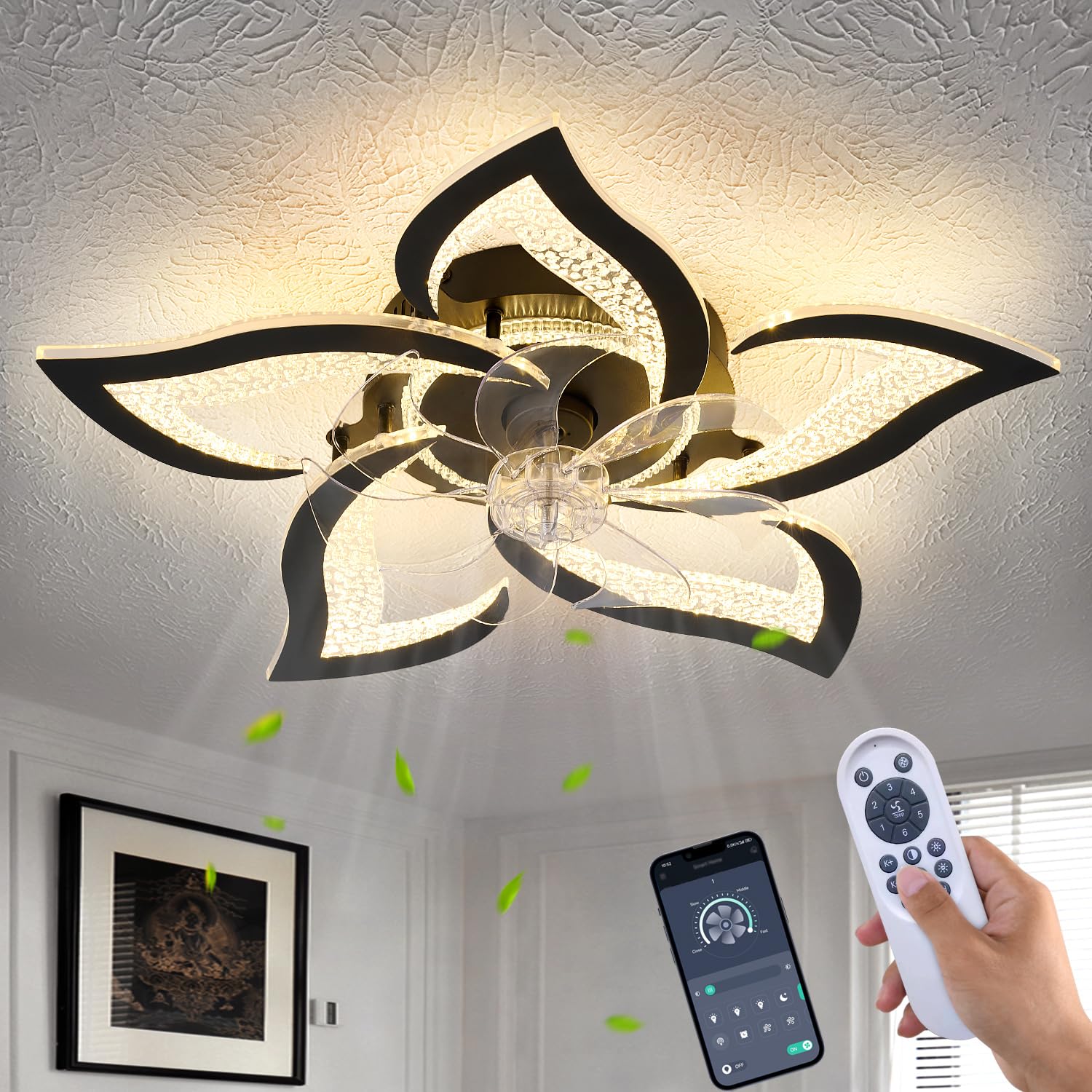 27" Black Geometric Ceiling Fan Lights with Remote, 6 Speeds Adjustable Low Profile Flush Mount Ceiling Fan with Light for Kitchen Bedroom