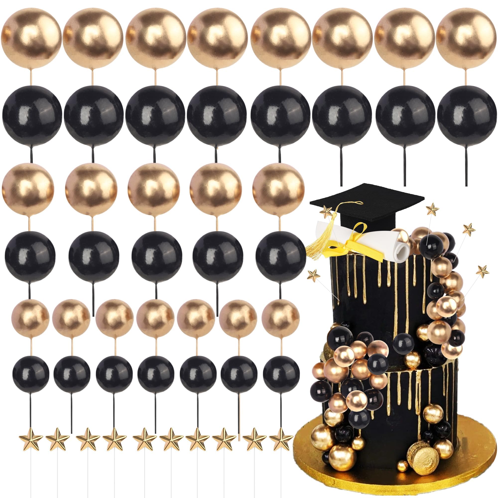 Xsstarmi Grad Cap Cake Topper Decor Star Balls Congrats Grad Diploma Done Cake Pick Class of 2026 Graduation Party Cake Decorations for Prom 2026 Graduation Party Cake Supplies Black Gold