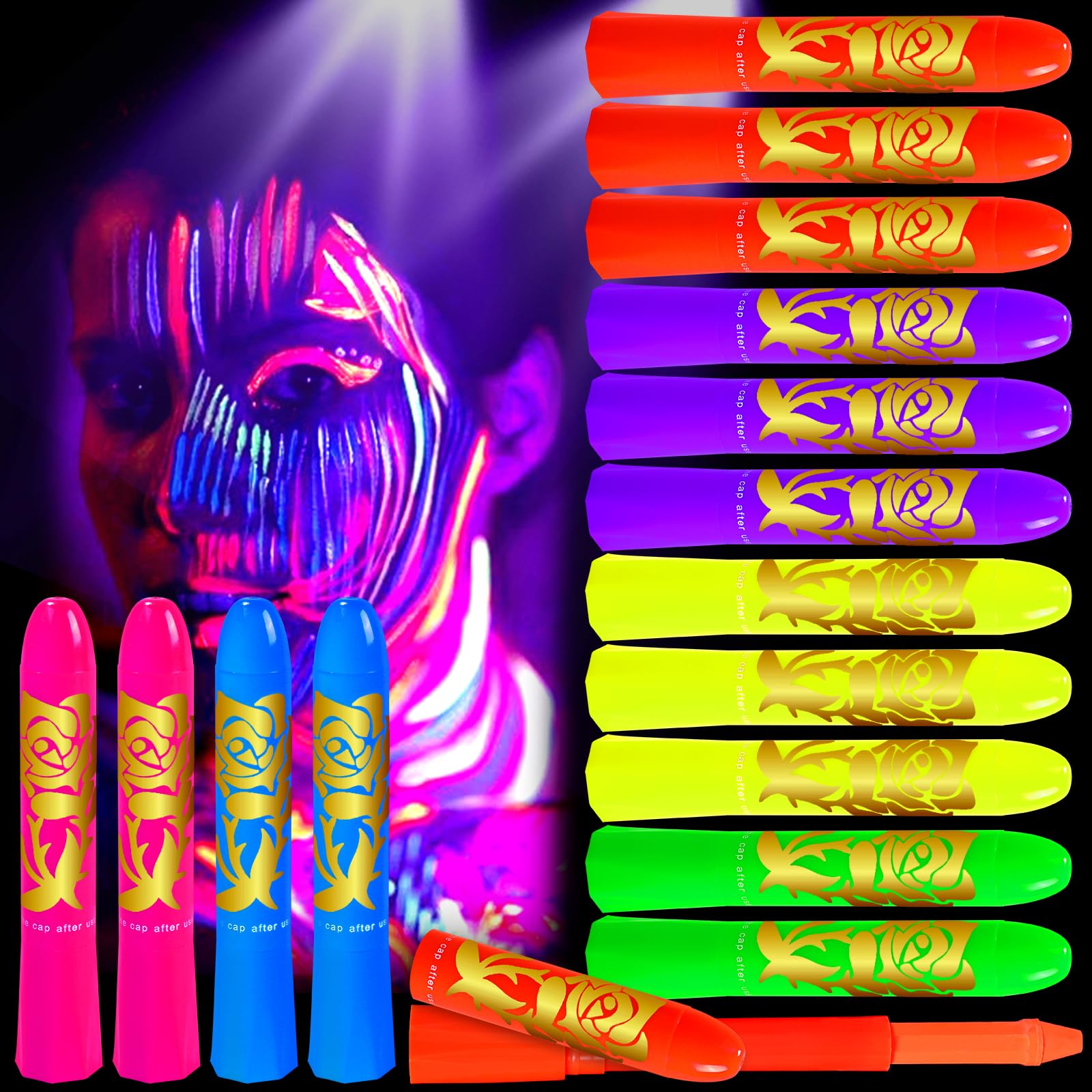 Yosca 15 Pcs Glow in the Dark Face Body Paint Stick, 6 Colors Total Face Painting Kit, Face Paint Kit for UV Black Light Neon Birthday Glow Party Masquerade Rave Club Cosplay Stage Halloween Christmas