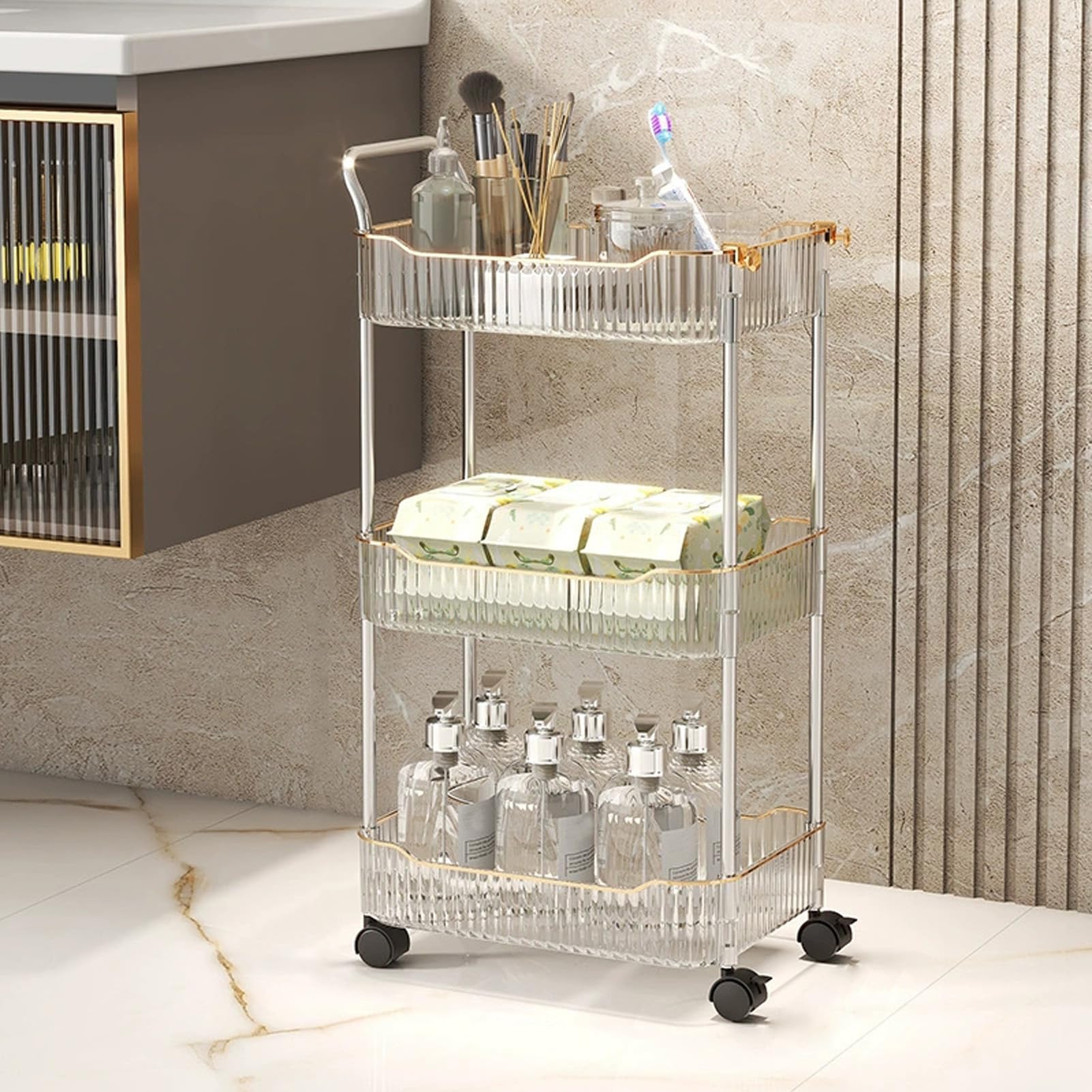 asdchZen Lockable Utility Acrylic Storage Trolley - 3-Tier Rolling Cart With Handle For Kitchen & Bathroom Nization - Clear Mobile Shelves On Wheels