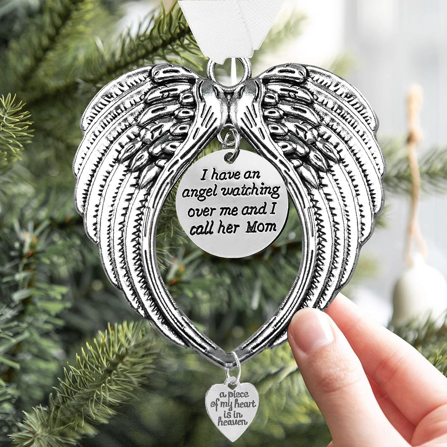LYPER Loss of Mom Gift Angel Wings Memorial Christmas Ornaments, Sympathy Gifts - I Have a Angel Watching Over Me I Call -A Piece of My Heart Is in Heaven Christmas Decorations for Loss of Loved One