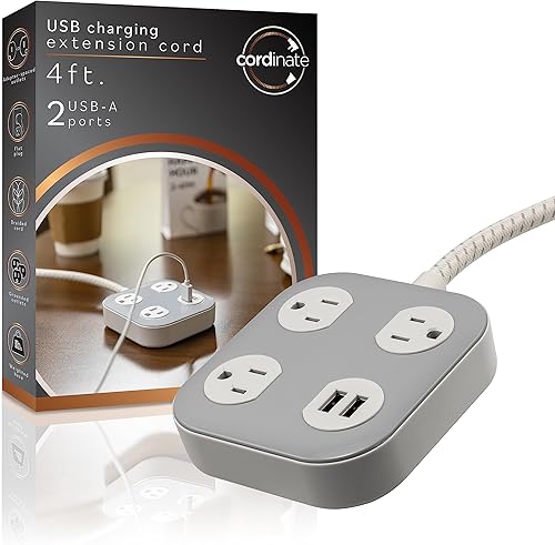 Miniatura 6 de Cordinate Adapt 80654 - Tira de alimentación con 6 tomas de corriente ampliamente espaciadas, cable de extensión trenzado de 8 pies, extensor