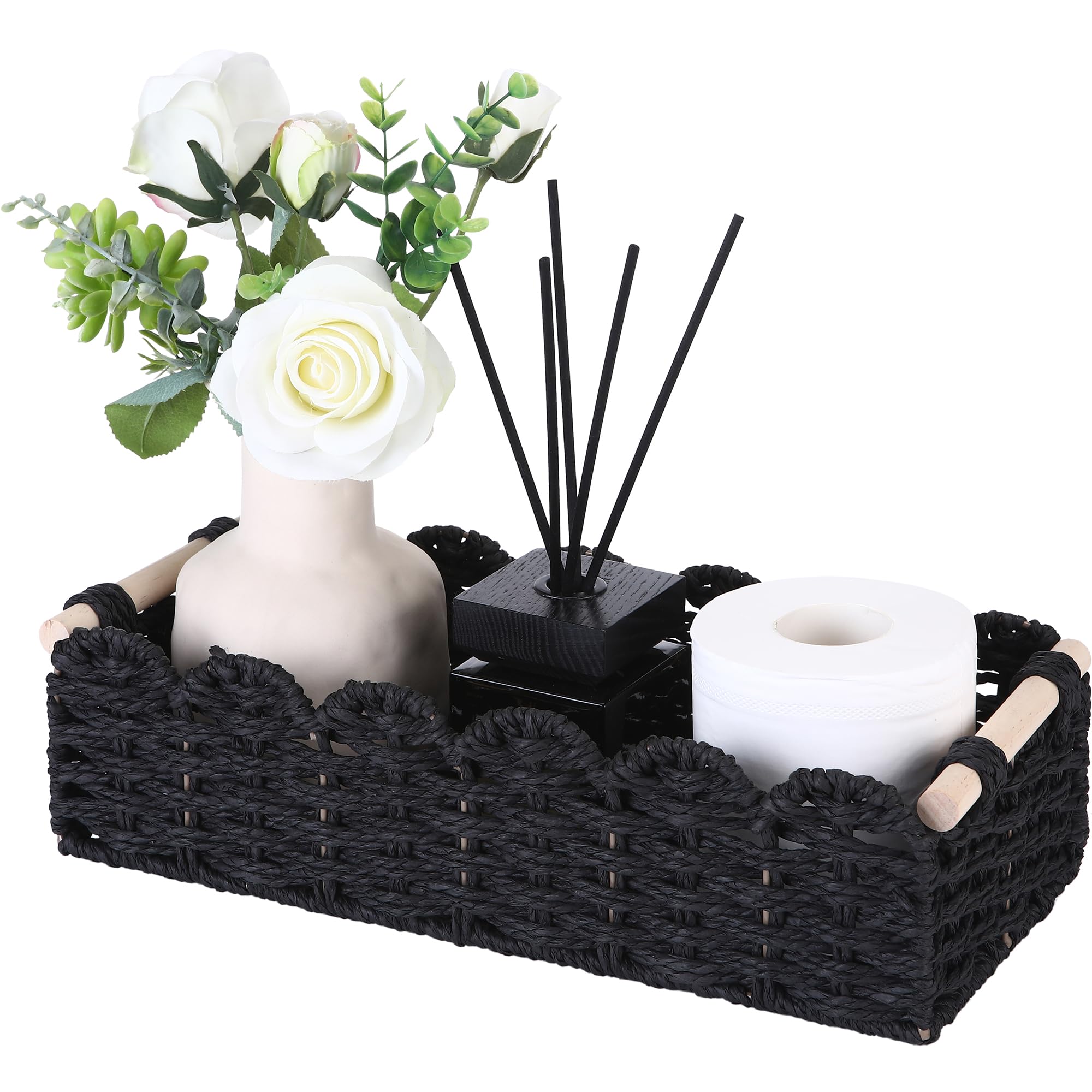 Sea Team Paper Rope Storage Basket, Scalloped Edge Toilet Paper Organiser with 2 Wooden Handles, Small Decorative Woven Basket for Bathroom, Living Room, Bedroom & Shelves, Black