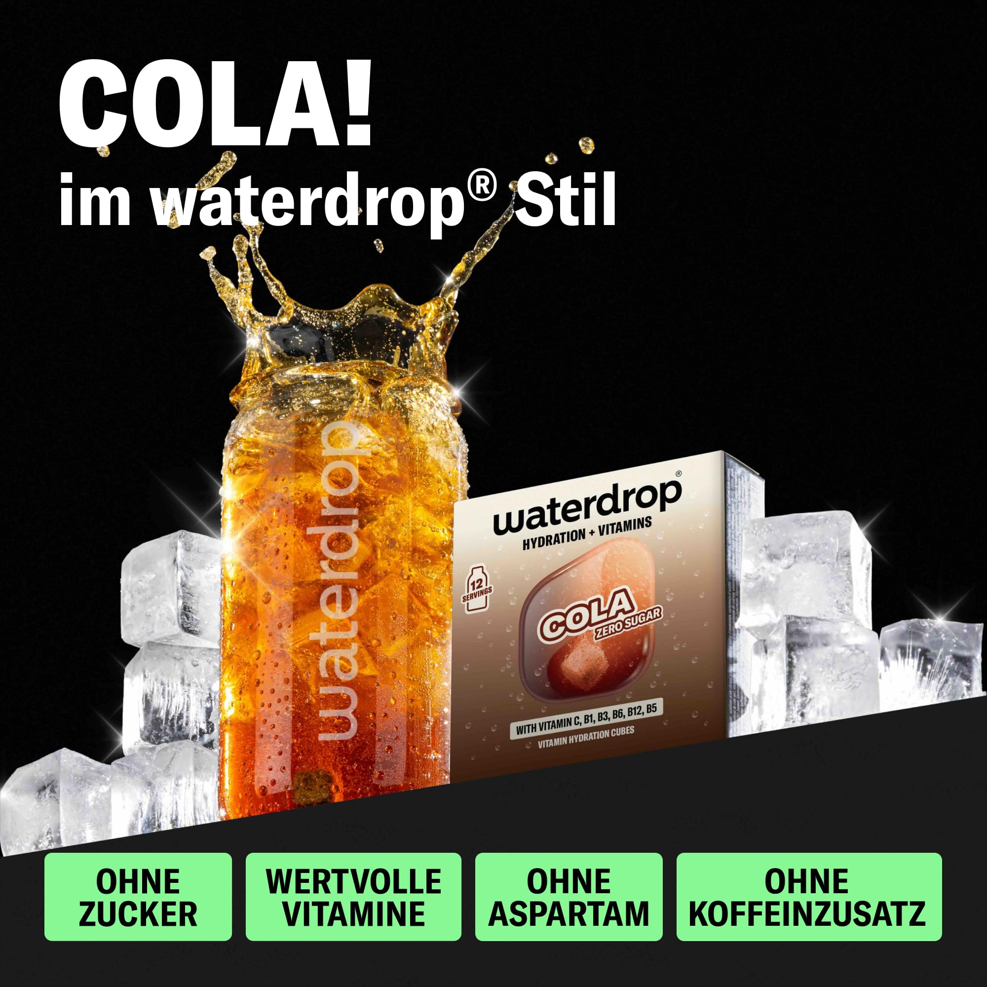 waterdrop® Cola – Wasser mit Cola Geschmack ohne Zucker, 36 Würfel – verbesserte Rezeptur - zuckerfreies Getränkepulver für Wasser mit Vitaminen – Zero Cola Alternative, vegan, gluten- & kalorienfrei