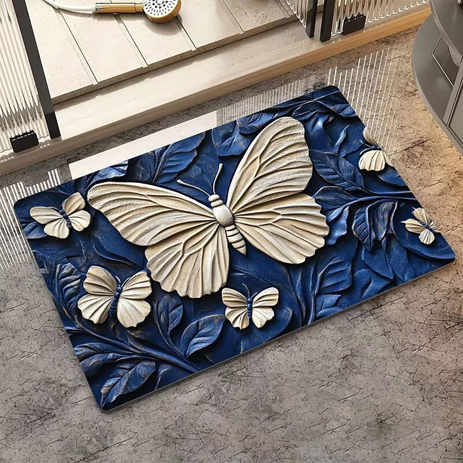 Tapis à illusion d'optique 3D élégant et raffiné motif papillons blanc en taille M