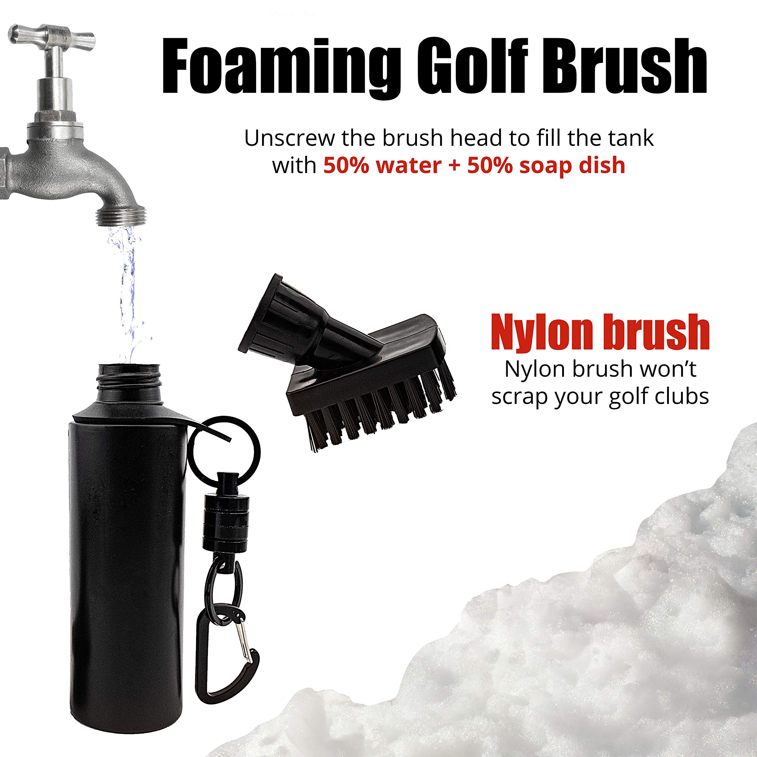 Kit per la pulizia del club di golf : spazzola pulisci mazze da golf schiumosa con serbatoio acqua/sapone + portachiavi magnetico + portachiavi magnetico + asciugamano per mazze da golf + asciugamano per palline da golf (gli asciugamani sono opzionali)