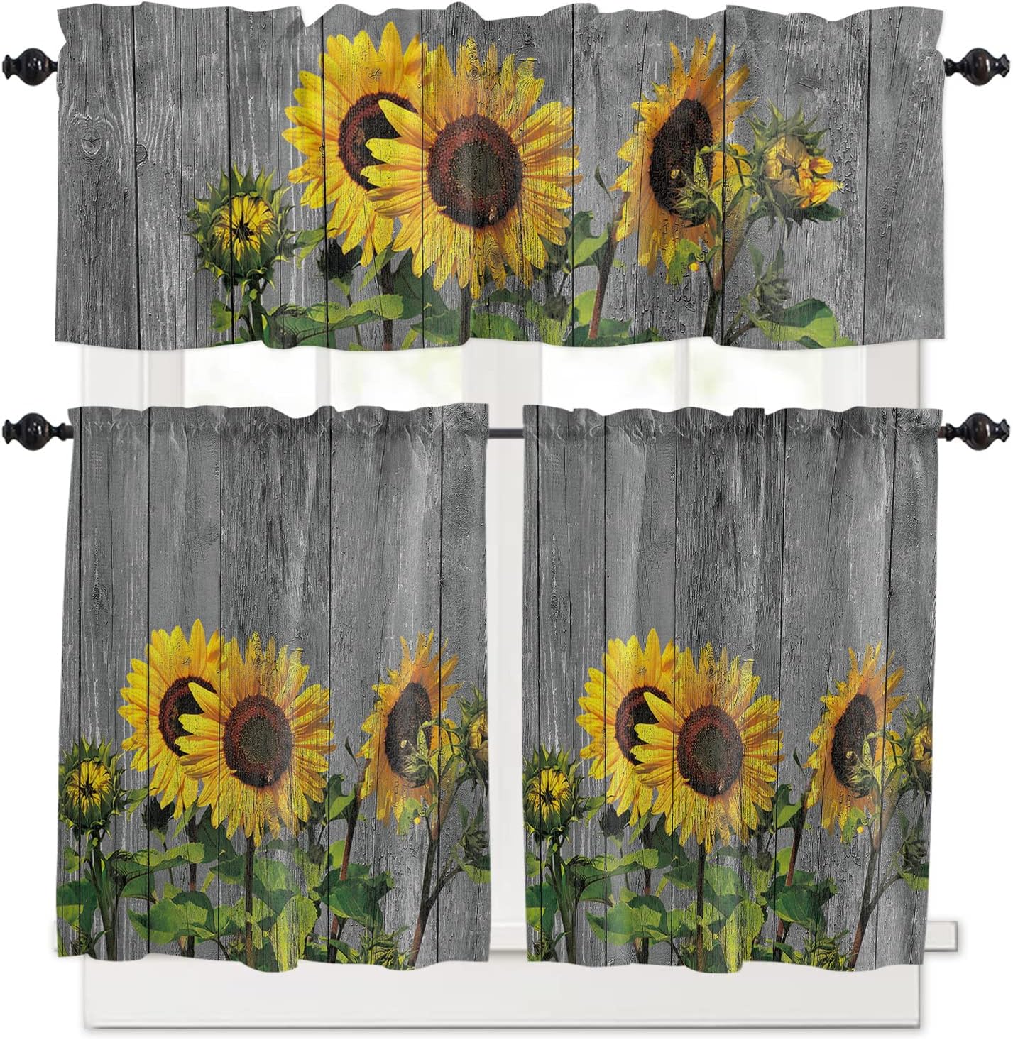 Amaze-Home Sunflower Wooden Texture Kitchen Curtains Set 3 Piece, Rustic Grey Living Room Curtain Valance Tiers Set Rod Curtain Set '-24 inches (Long) Curtains x2, 18 inches (Long) Valance x1