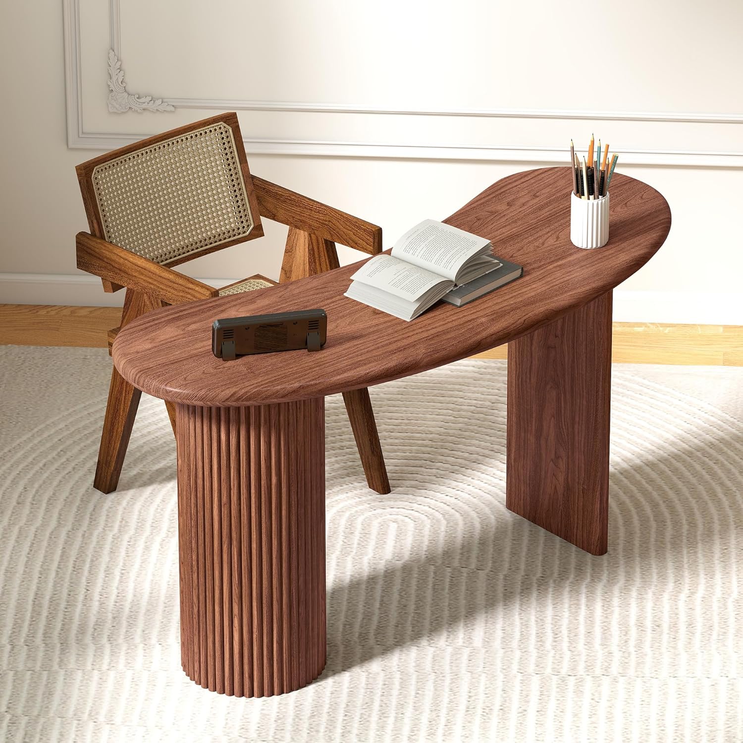 LEVNARY 54.3" Curved Small Computer Desk, Wooden Executive Desk with Sturdy Fluted Legs, Modern Luxury Corner Single Writing Vanity Desk for Bedroom Living Room Home Office (Walnut)