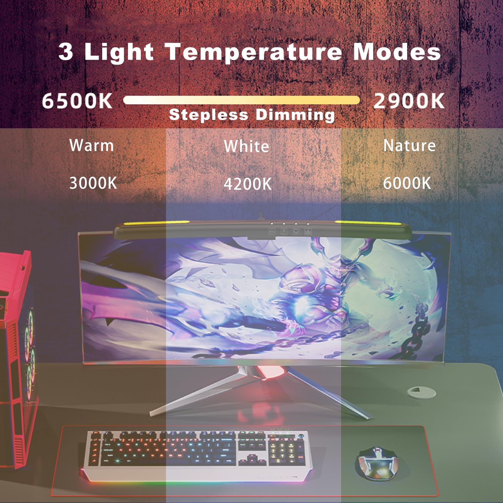 Barra de luz curvada para monitor para pantallas curvas de 24 a 27 pulgadas, barra de luz con 7 RGB, atenuación continua, 3 temperaturas de color, luz de computadora para juegos alimentada por USB 3