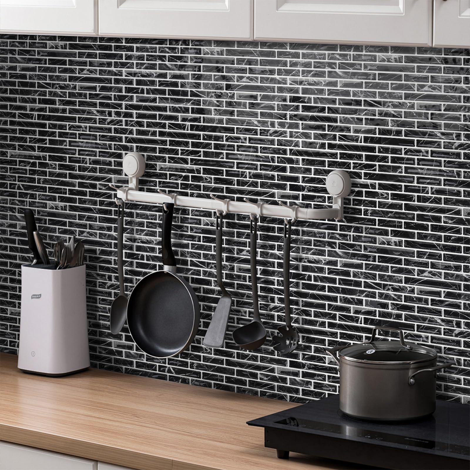 Piastrelle in ceramica 3D, 10 pezzi, 30,5 x 30,5 cm, autoadesive, pannelli da parete 3D, per cucina, bagno, parete (nero)