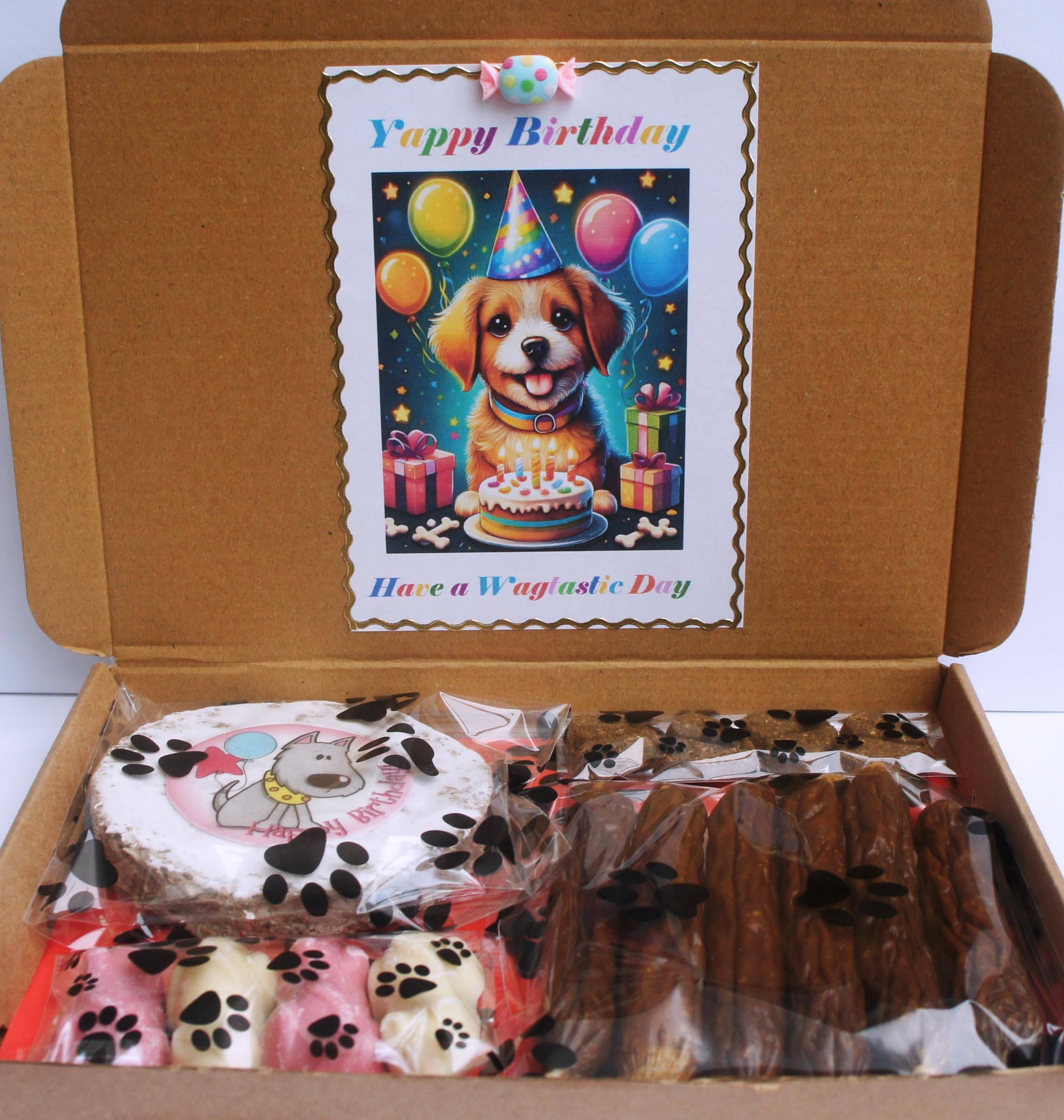 DOG BIRTHDAY PARTY POOCH DOG TREAT GIFT BOX FILLED WITH PET SAFE CHOCS BISCUIT HEARTS DOGGY SAUSAGES AND A CRUNCHY BIRTHDAY CAKE STYLE CHEW