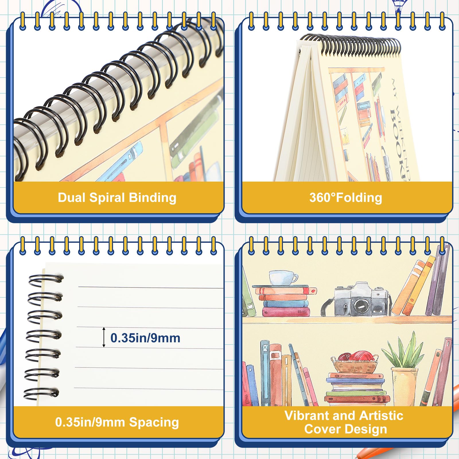 Colarr 4 cuadernos en espiral para amantes de los libros de regreso a clases, 5.5 x 8.3 pulgadas, cuaderno temático de libros, lindo diario forrado con alambre, blocs de notas para estudiantes,
