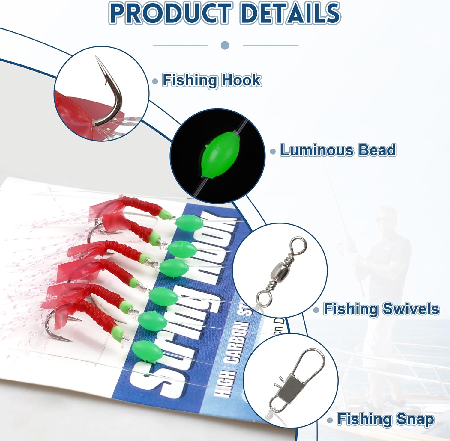 Fishing Bait Rigs Set Saltwater Surf Fishing Rigs with String Hooks Fish Skin Glow Beads Luminous Feather Rig for Saltwater Freshwater Bass Trout Walleye 6/12packs