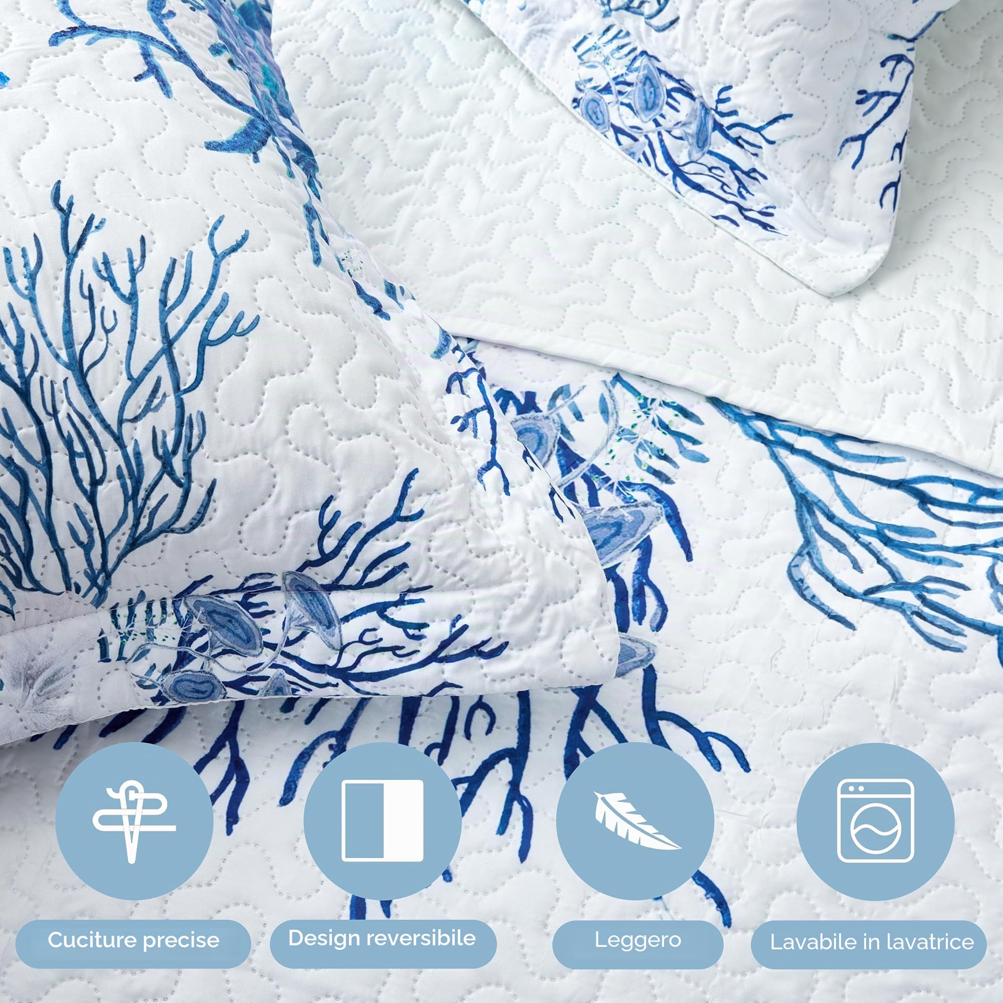 Set di biancheria da letto stile costiero, per letto king size, trapunta con 2 federe, motivo nautico, oceano, fantasia con stelle marine blu (Starfish), copriletto estivo, 244 x 269 cm