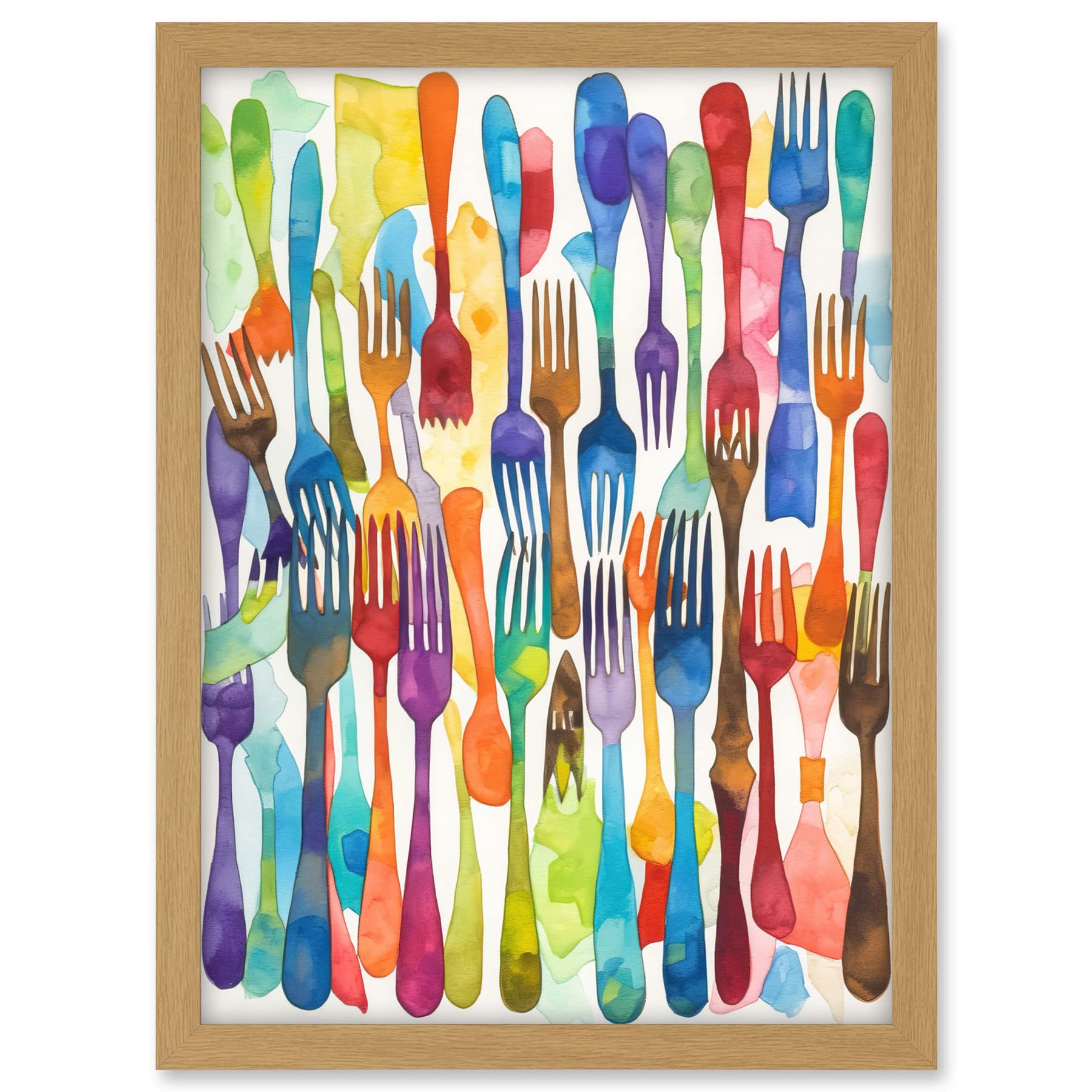 Artery8 Cutlery Pattern Multicoloured Forks Watercolour Painting Artwork Framed A3 Wall Art Print