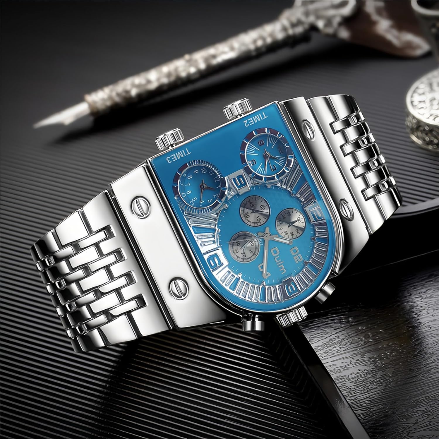 CARLIEN Men’s Luxury Rectangle Square Gold Silver Big Face Luminous Waterproof Quartz Watch Sports Multi-Time Zone Military Stainless Steel Male Dress Wristwatch