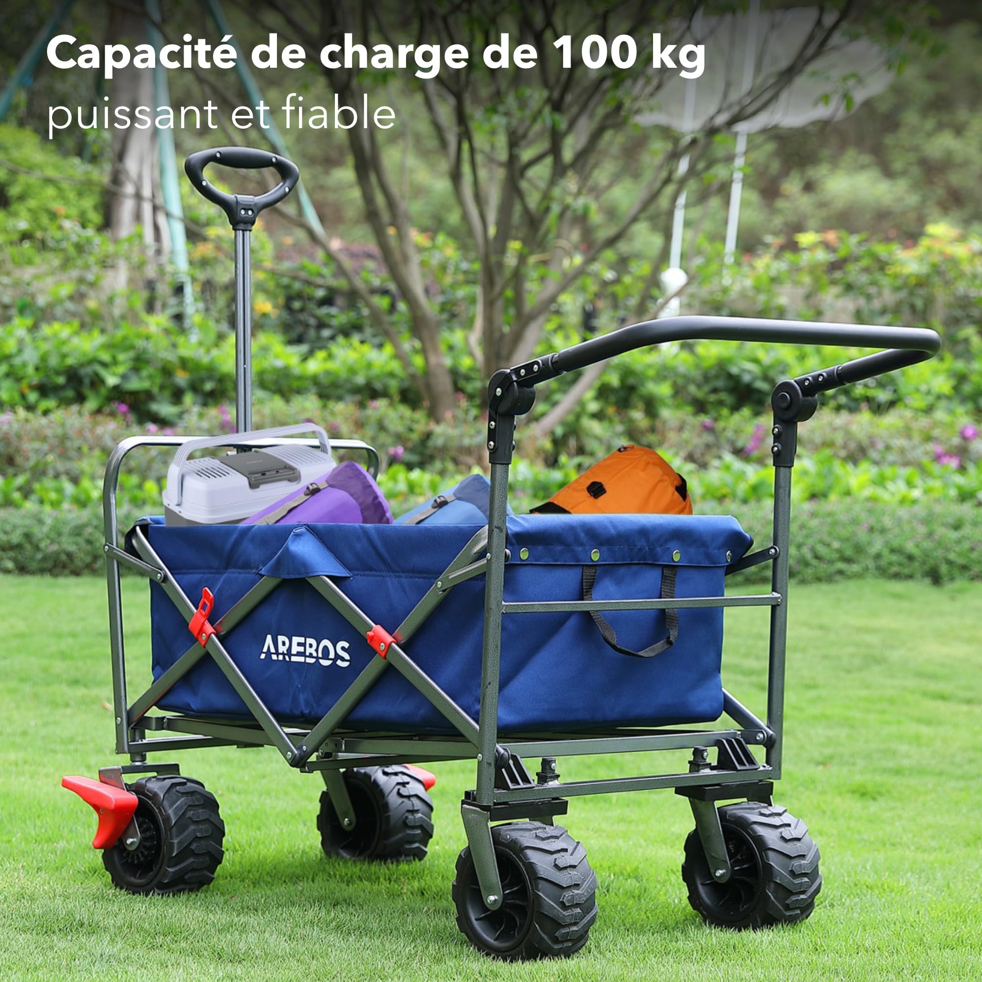 Arebos Chariot de Transport Pliable | Chariot à Main | Diable de Transport Chariot d'outillage avec 2 Poches en Filet et Une Poche extérieure | Pliable | Jusqu'à 100 kg de capacité de Charge | Bleu