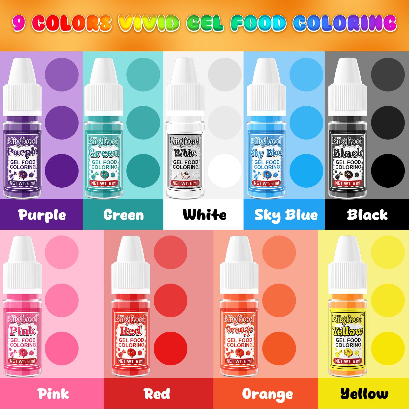 Gel Food Coloring - 9 Colors Concentrated Gel Based Food Color Set, Vivid Edible Food Color Dye for Baking, Macaron, Frosting, Fondant, Cookie - 6ml/ Bottle