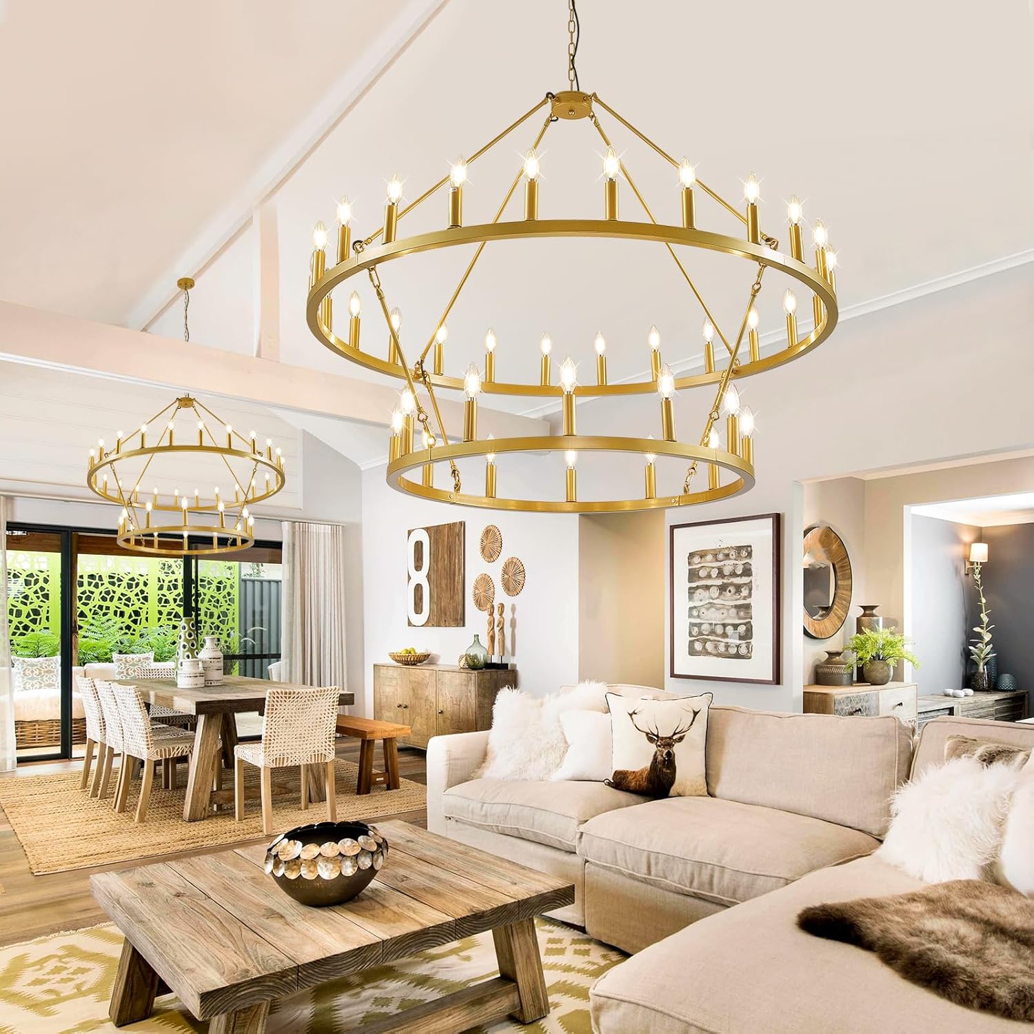 47" Gold Wagon Wheel Chandelier, 2 Tiers 36-Light Large Farmhouse Chandelier for High Ceilings, Industrial Hanging Pendant Lights for Kitchen Island Dining Room Living Room Foyer Entryway Staircase