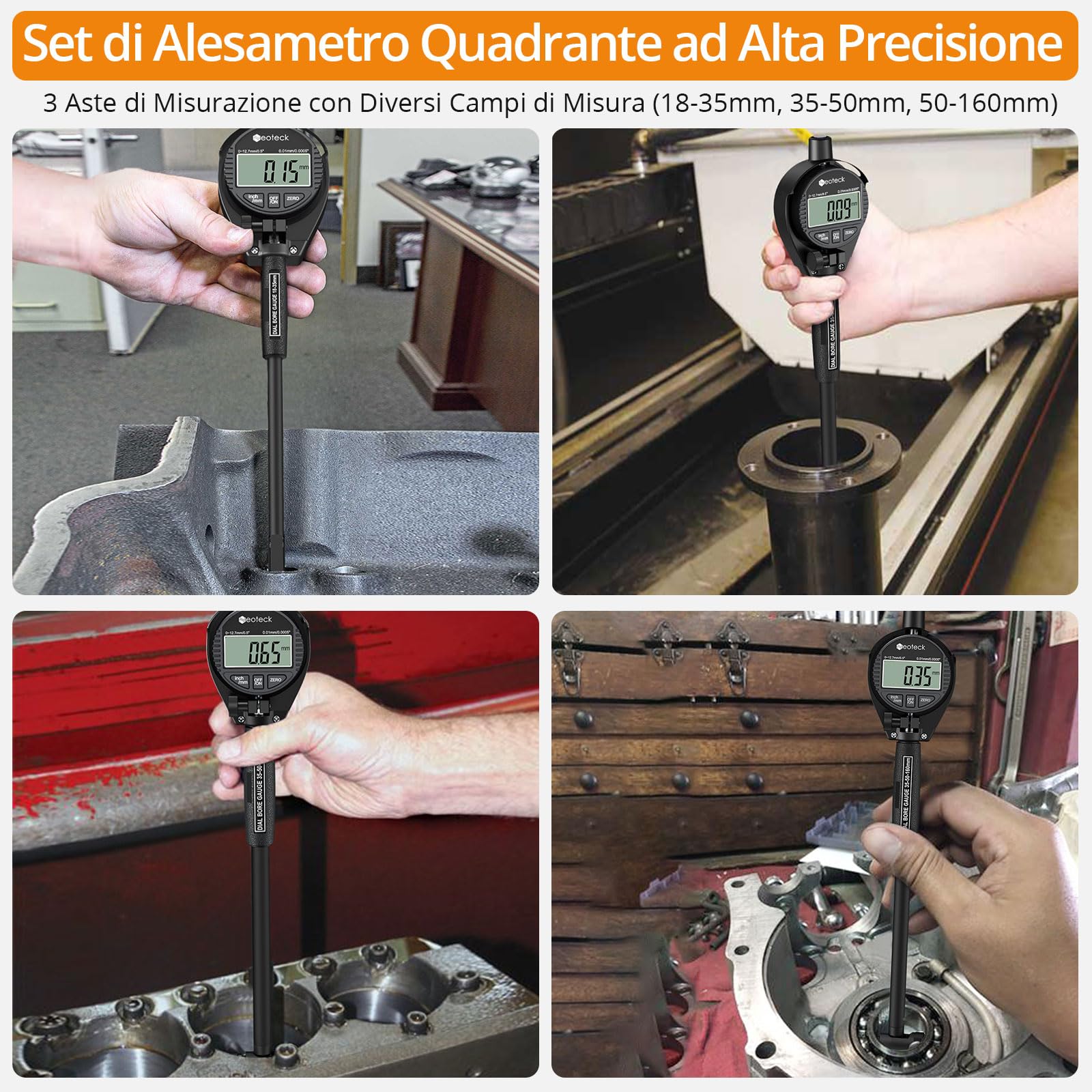 Neoteck Alesametro Digitale per Alesaggi 18-160mm/2-6" con 23 Testine, Comparatore Elettronico per Diametro Interno Set, Comparatore 0-12.7mm Precisione 0.01mm/0.0005" per Cilindri Motori e Officina