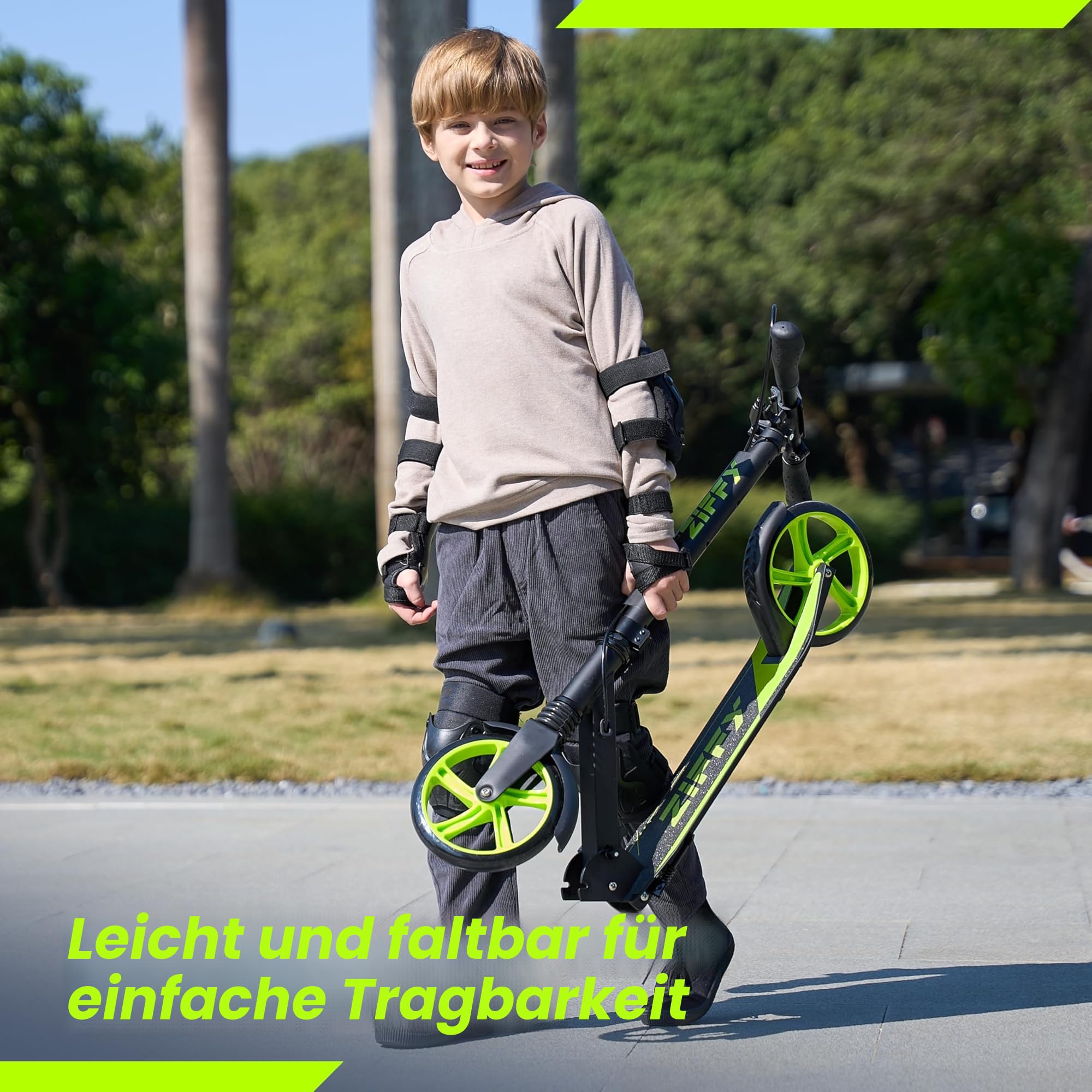 ZIFFY Tretroller Scooter 6–12 Jahre, Schwarz/Grün/Violett, 200mm Räder, ABEC-9, Federung, Faltbarer Aluminiumrahmen, Lenker 79–106 cm, Handbremse, Tragkraft bis 118 kg, Für Kinder & Erwachsene