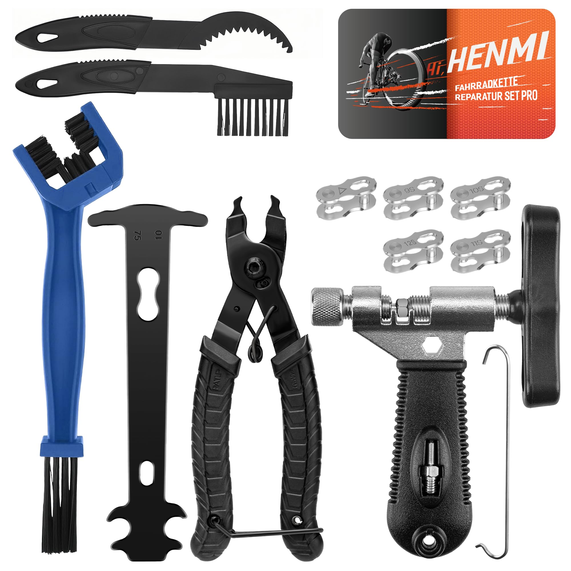 HENMI Kettennieter Fahrrad mit Fahrrad Reinigungsbürste, Kettenzange, Kettenschloss Zange und 5 Paar Fahrradketten Nieten Fahrradkette Reparatur Set für 6-12 Fach Fahrradkette