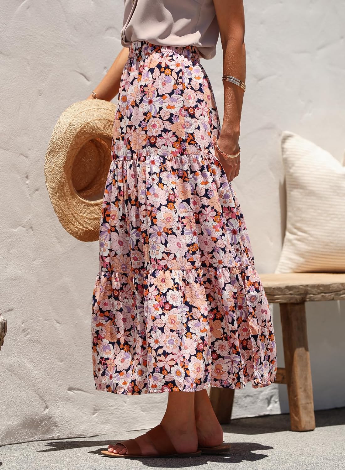 Happy Sailed Summer Skirts for Women Floral Print High Waist Flowy Split A Line Boho Maxi Skirt with Pockets - Image 5