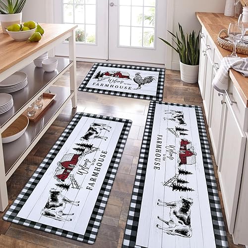 ASPMIZ Juego de 3 piezas de alfombras de cocina estilo casa de campo, antideslizantes, antifatiga, tapetes de cocina rústicos, acolchados,