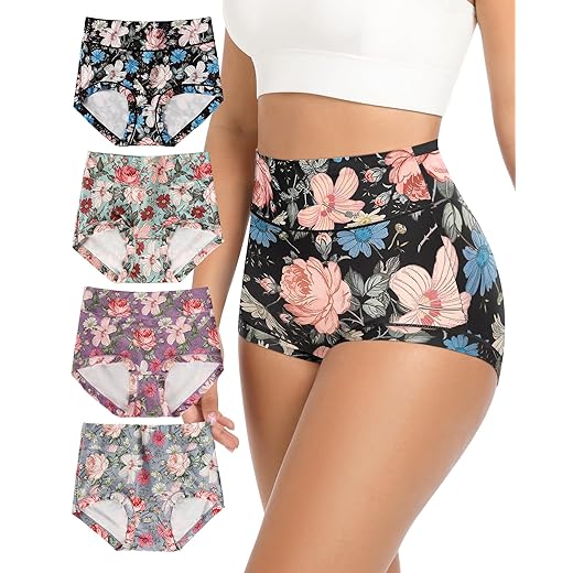 Women's Underwear Mid Waisted Panties Breathable Full Coverage Printed Comfortable ladies Floral 4 Pack S-XXL