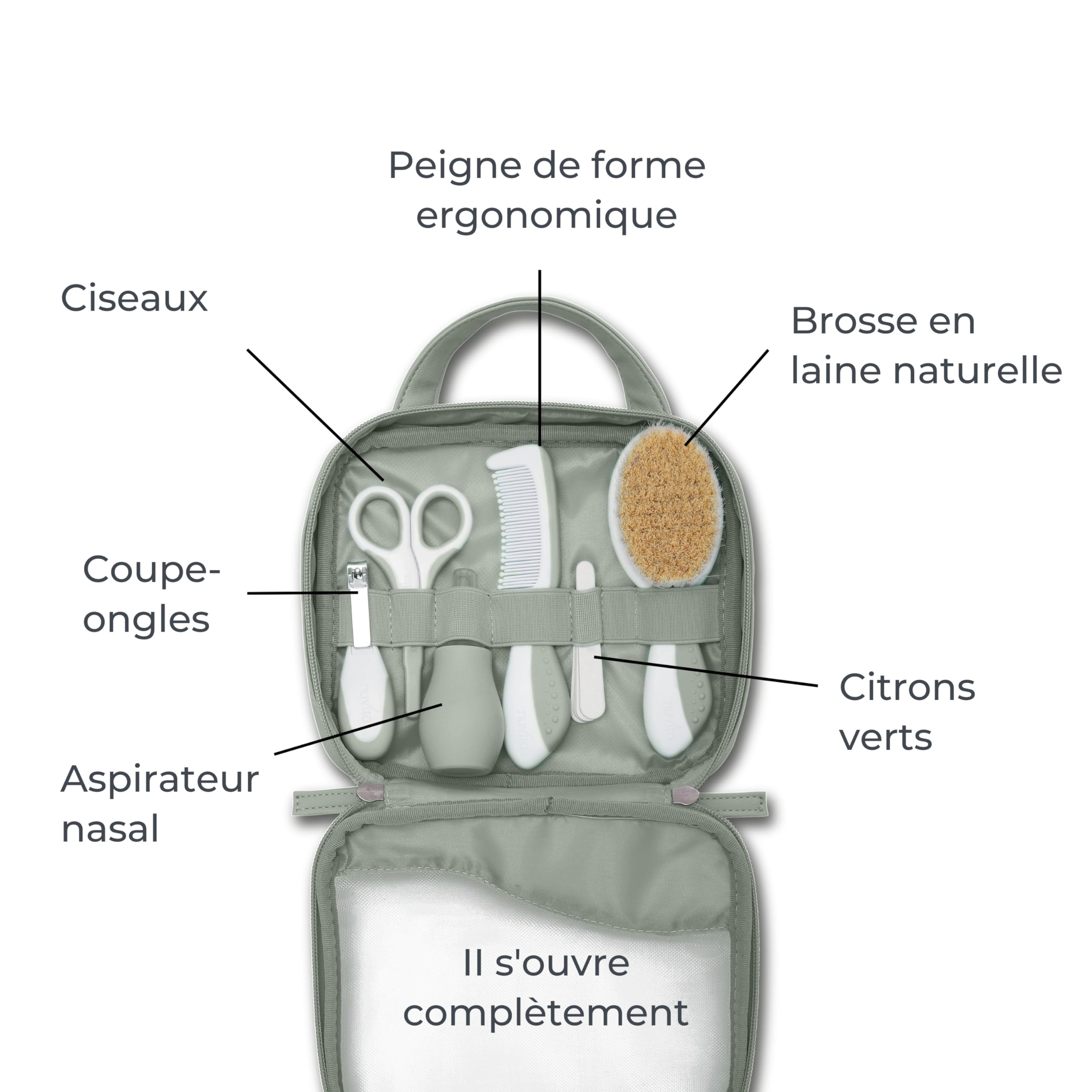 Nuvita 1146 | Ensemble Complet de Soins pour bébé | Trousse de Bain | Beauté pour bébé | Ciseaux à Ongles et Cheveux | Idéal pour la Maternelle et Les Voyages | sans BPA | Sage Green