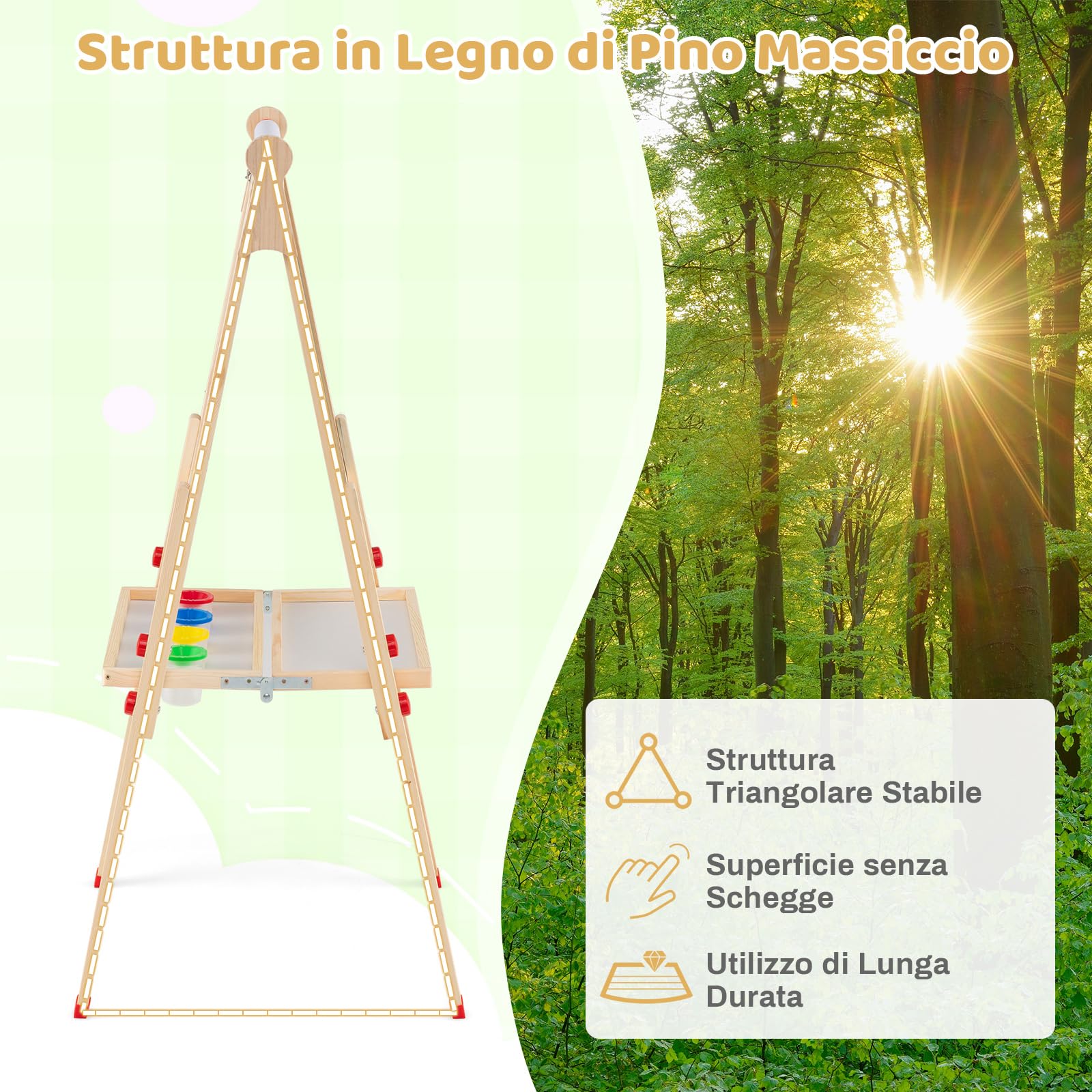 RELAX4LIFE 3 in 1 Lavagna Magnetica per Bambini, Cavalletto per Dipingere Pieghevole, Portatile/Altezza Regolabile 85-147 cm, Giocattolo Educativi 3+ Anni, in Legno di Pino, Accessori Completi