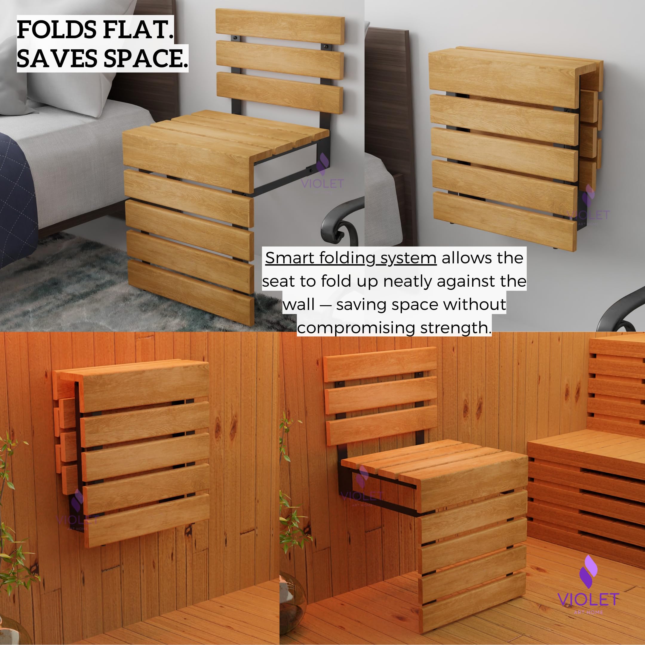 Sedile da doccia pieghevole in legno di teak con schienale, sgabello da bagno pieghevole impermeabile con gambe, materiali di alta qualità, panca fasciatoio fatta a mano, sedia salvaspazio e super