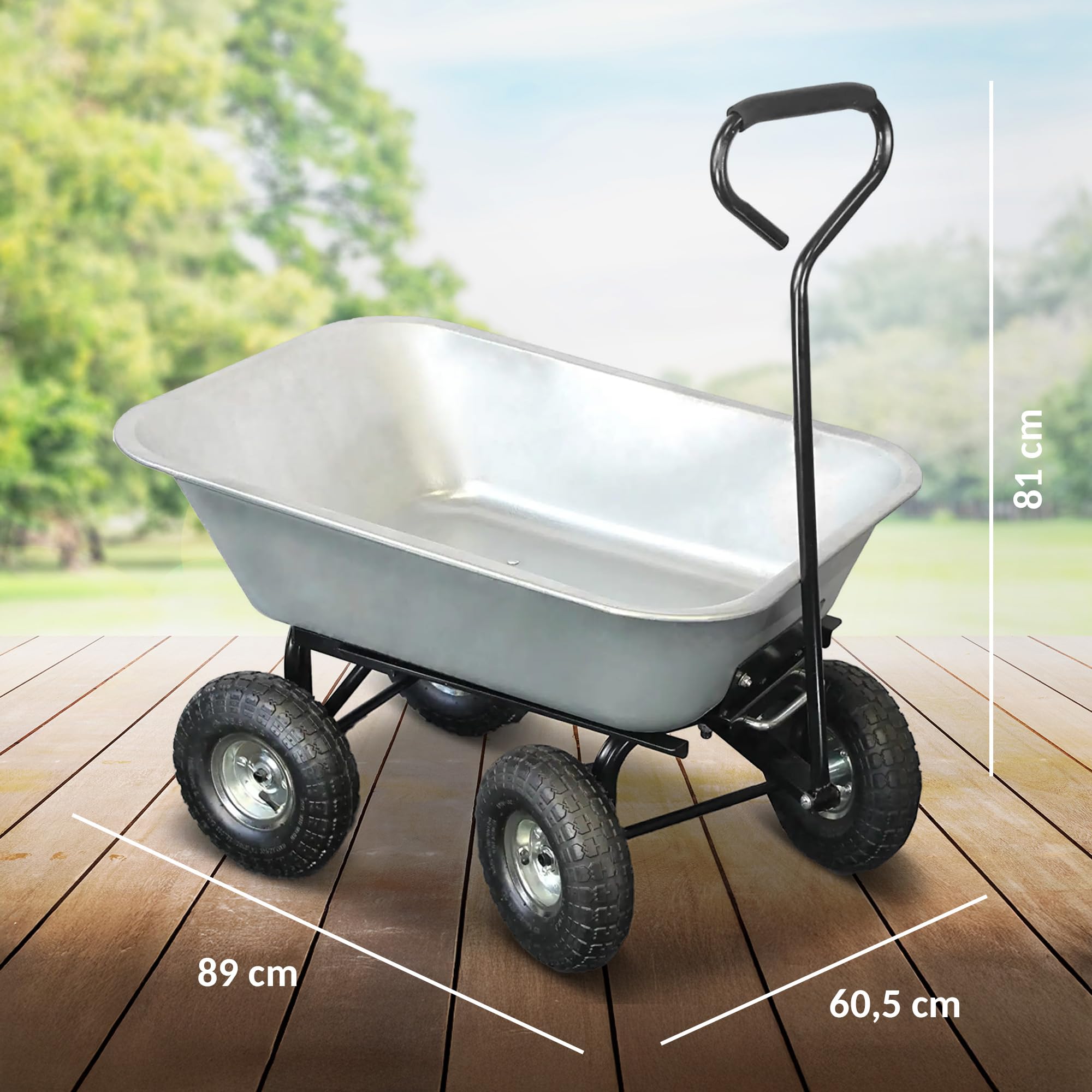 Carrello Manuale da Giardino 75L - Rimorchio Carriola contenitore ribaltabile 4 ruote gonfiabili Ø 260 mm - Capacità di carico max 250 KG - Manico lungo - 86 x 60,5 CM - Metallo Galvanizzato