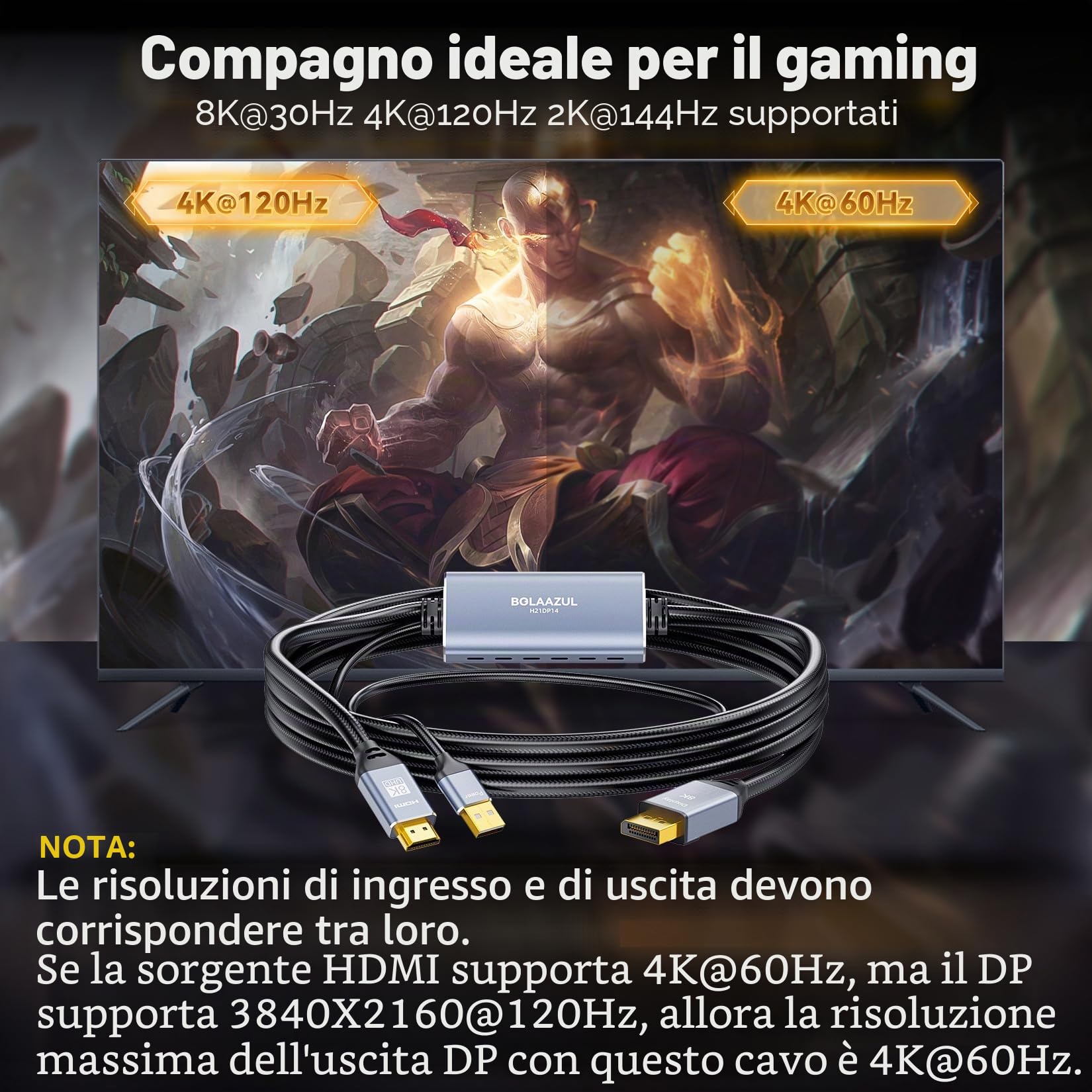 BolAAzuL Cavo adattatore HDMI 2.1 a DisplayPort Unidirezionale, dalla sorgente HDMI al display DisplayPort, supporta 8K@30Hz 4K@120Hz 2K@144Hz, alimentazione USB, intrecciato, 2M