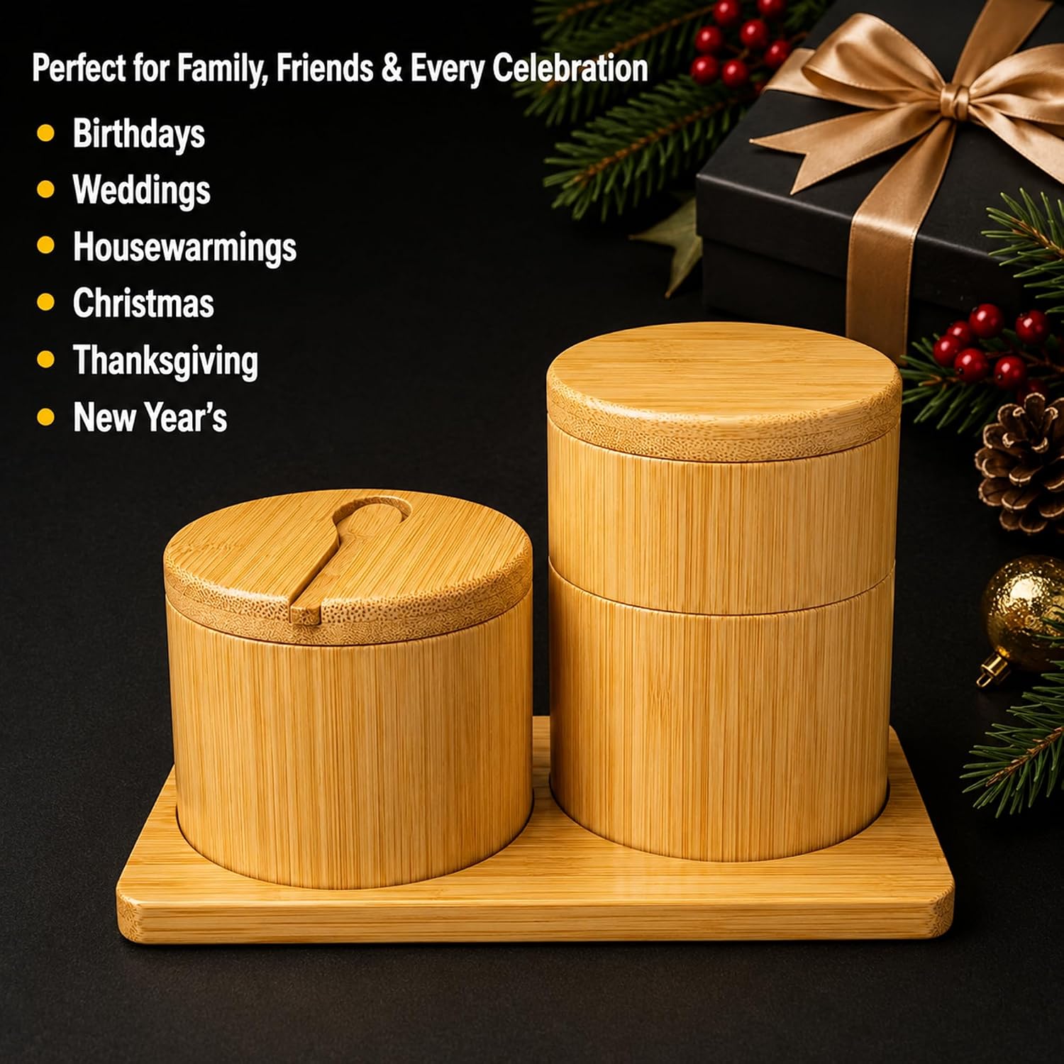 Bamboo Salt Cellar Set with Tray, Single & Double-Tier Salt and Pepper Cellar with Spoon & Magnetic Swivel Lid, 16 Labels, Spice Containers for Salt, Sugar, Pepper, Spices, Kitchen Organizer 9OZ Each