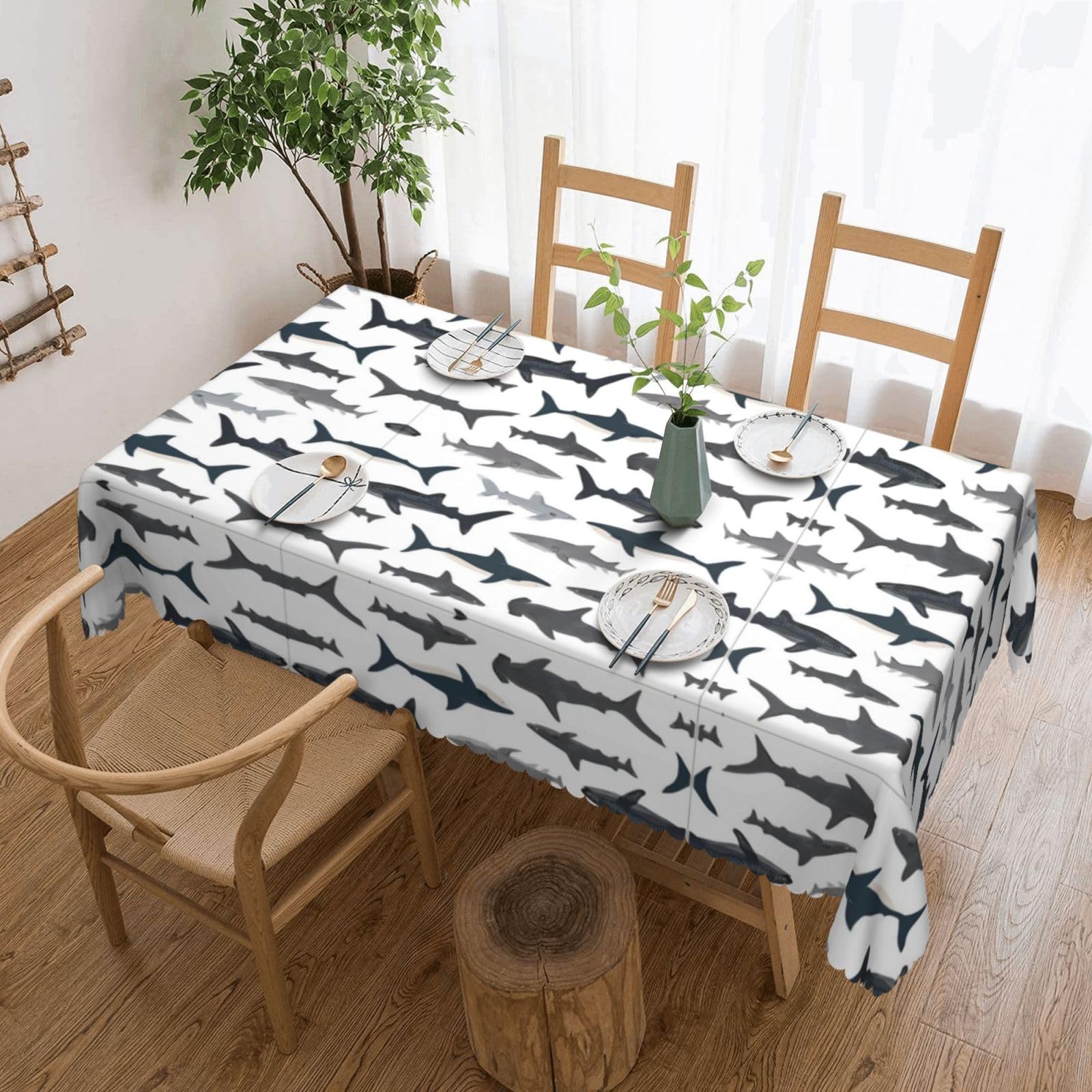 QAZWZML fish Printed tablecloth, made of thick polyester with lace trim, suitable for dining rooms, picnics, and weddings