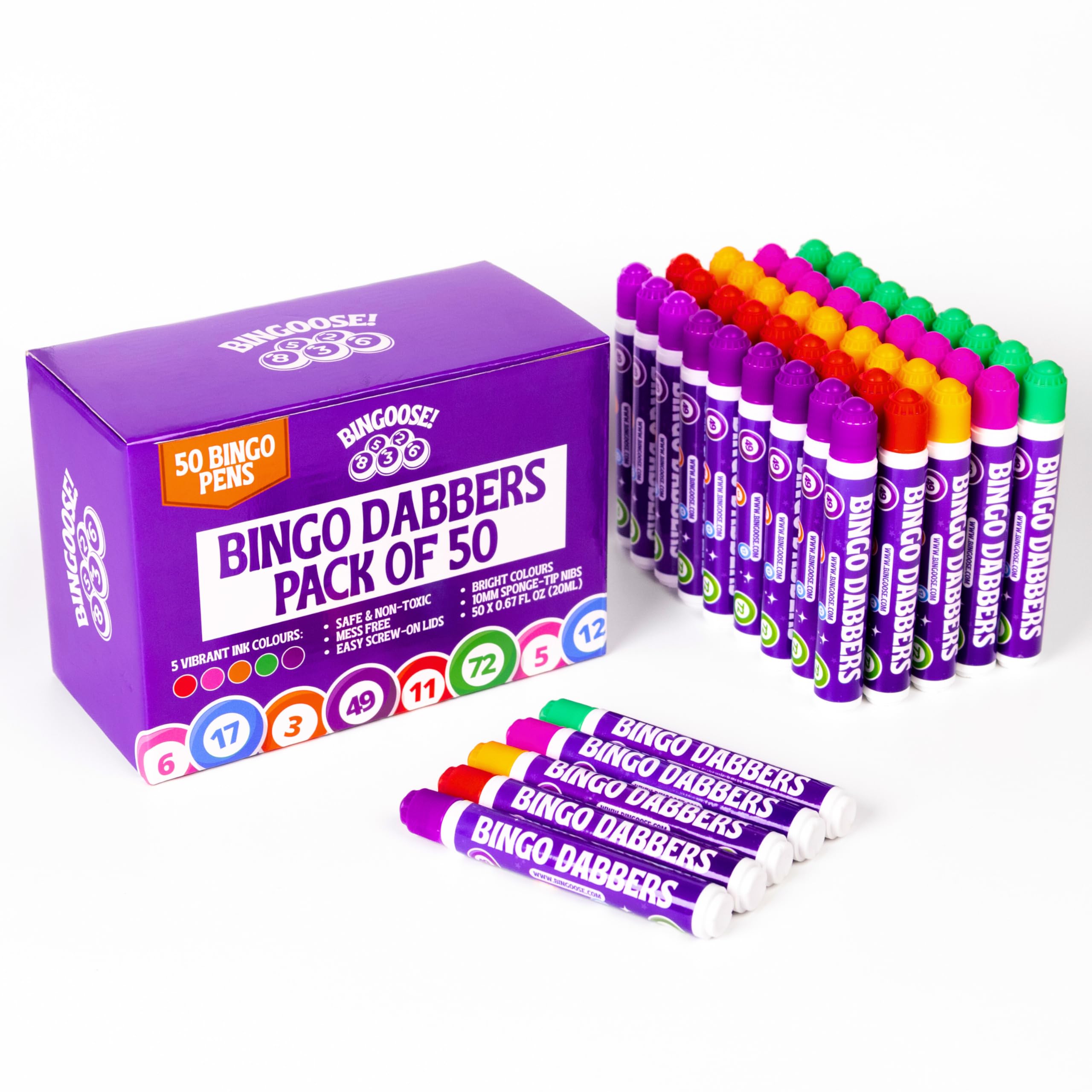 Bingo Dabbers Pack of 50 for Dotting Books, Cards and Tickets - Bingo Pens Bulk Set for Large Groups, Fundraisers and Parties. 50 Long-Lasting, Bright Ink Dot Markers with Soft Sponge Tip Dauber Nibs