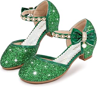 Motasha Sparkly Girls Dress Shoes Kids High Heels Toddler to Big Kid | Glitter Closed Toe, Rhinestone Bow Straps, Hook-and-Loop Closure, Low Heel, Anti-Slip Outsole for Wedding Birthday Parties