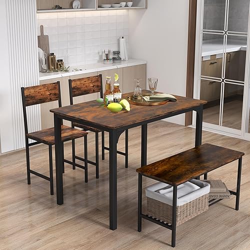 Moccha - Juego de mesa de comedor para 4, mesa de cocina de madera con 2 sillas y un banco largo, moderno comedor de 4 piezas con marco de metal y