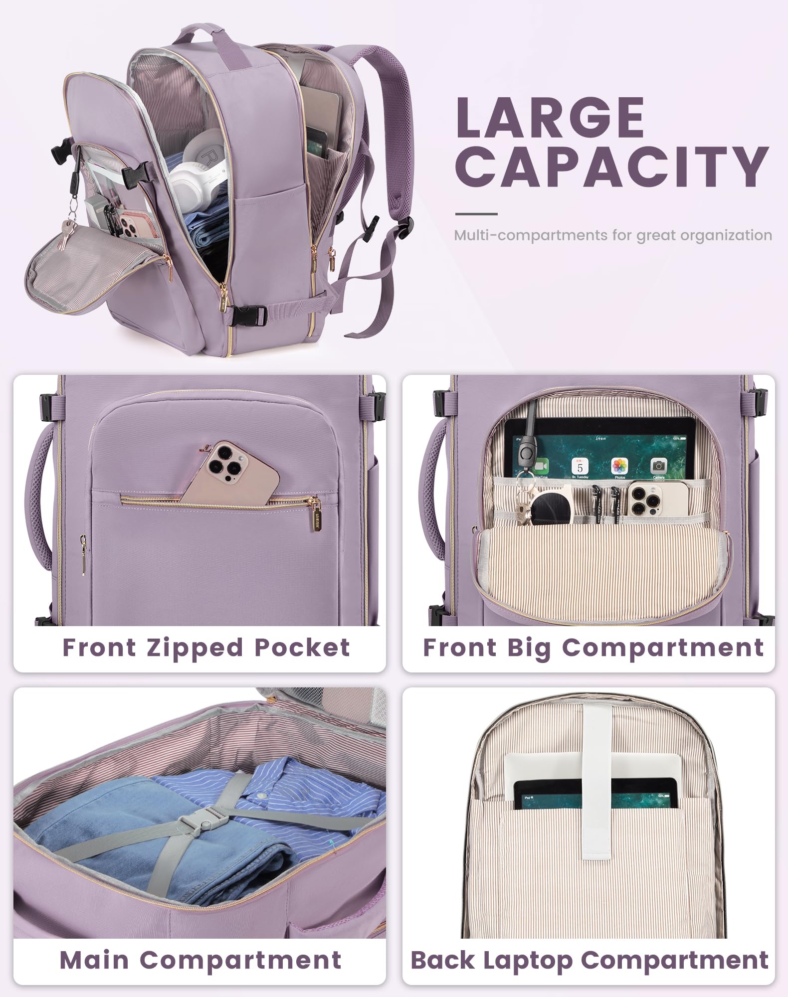 LOVEVOOK Zaino da Viaggio Aereo Bagaglio a Mano, Impermeabile Zaini Trolley Donna 40L Cabin Max per Ryanair Easyjet, Grande Zaino Porta PC 17 Pollici Valigia Borsa a Zainetto
