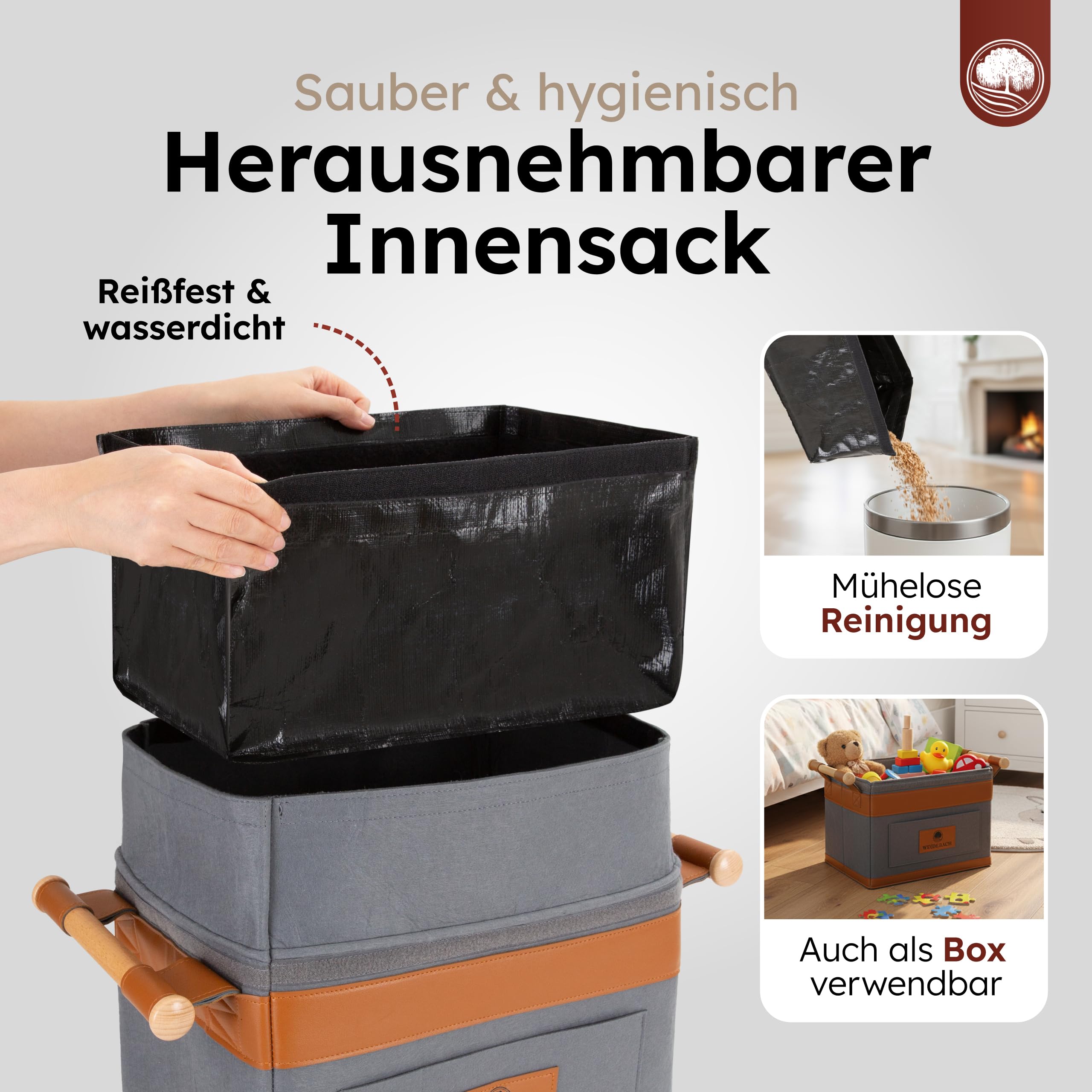WEIDEBACH® Holzkorb für Kaminholz 35L (erweiterbar auf 50L), Kaminholzkorb grau schwer belastbar, Feuerholzkorb 40cm x 30cm x 30cm, Brennholzkorb mit rutschfestem Griff, Kaminholz Aufbewahrung