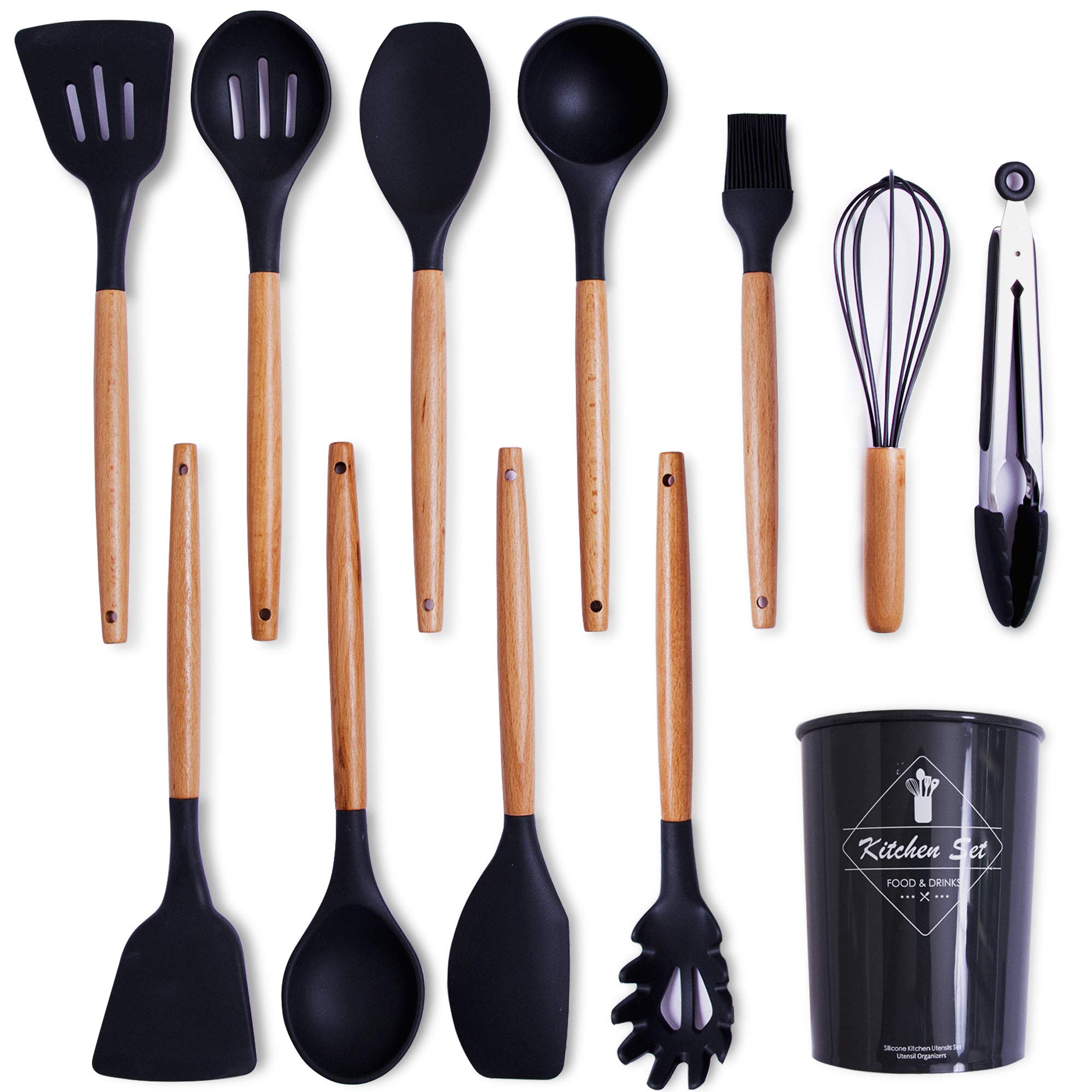 Kitchen Cooking Utensils Set With holder,Silicone Cooking Spoon Spatula Wooden Handle,Spatula For Nonstick Cookware,Gray S...