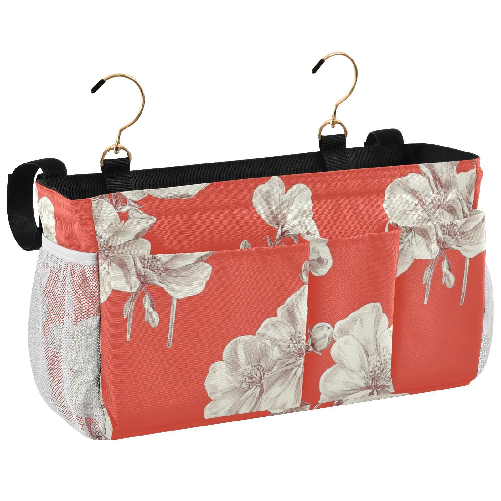 FRODOTGV Bedside Storage Caddy with Fixed Straps and Water Bottle Holder Hanging Organizer Bags for Bedroom, Loft, Tent, Curtain, Bunk bed Shelf Accessories Vintage Geranium Red