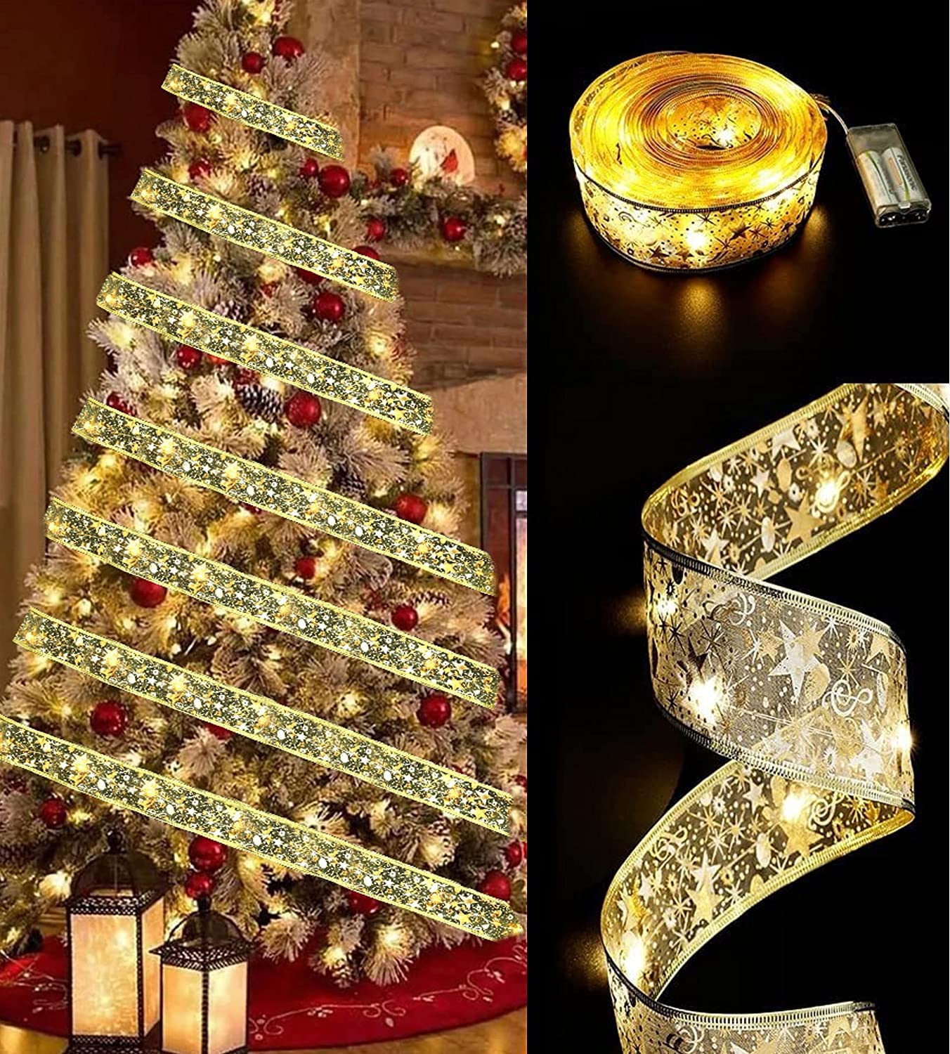 Christmas Tree Ribbon String Lights 16.4ft 50 Led Gold Glowing Ribbon Fairy Lights Battery Powered for Birthday Party Holiday Decorations Indoor and Outdoor Christmas Tree Decorations(Warm White)