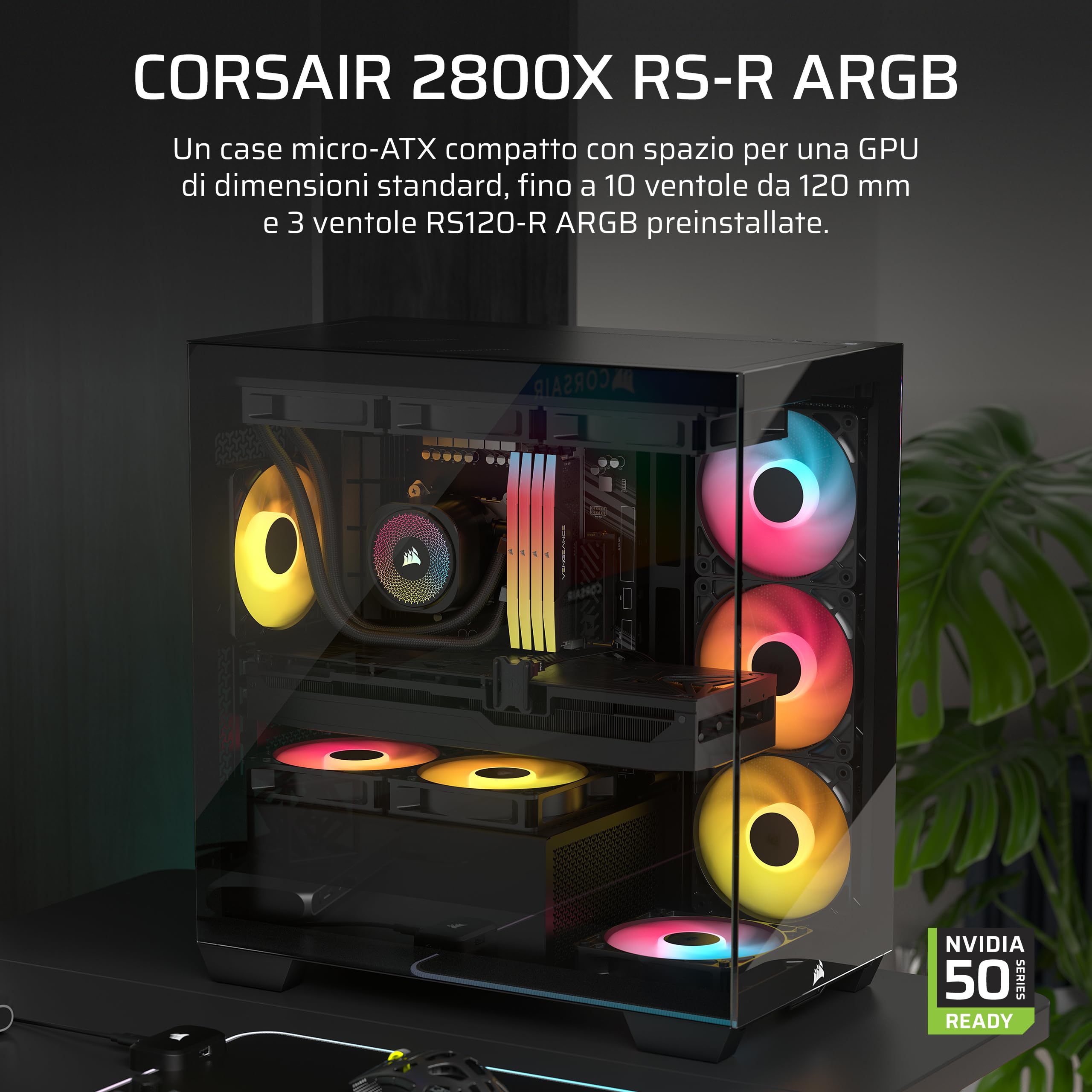 Corsair 2800X RS ARGB Case PC Micro-ATX Panoramico – Nero | 3 Ventole Incluse, Personalizzazione Modulare, Supporto Anti-Flessione GPU, Compatibile Schede Madri A Connessione Inversa