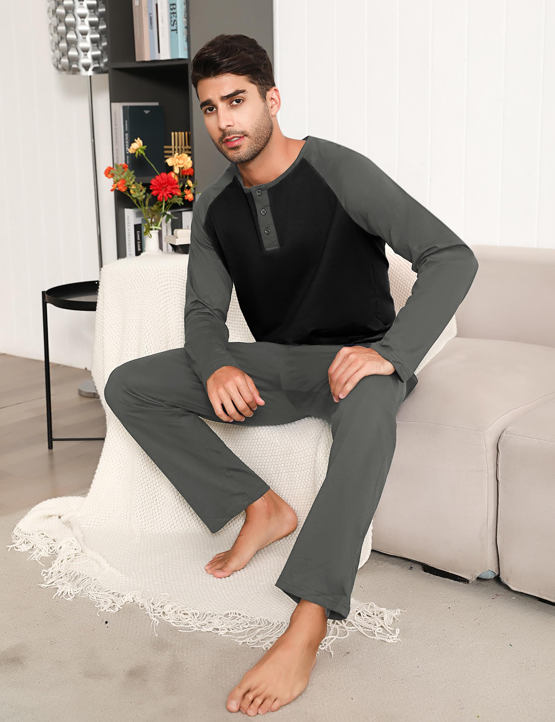 Migcaput Pigiama Cotone da Uomo Set Lungo Comodo Pigiami Due Pezzi da Uomo Pigiama Manica Lunga Pigiama con Tasche con Bottoni