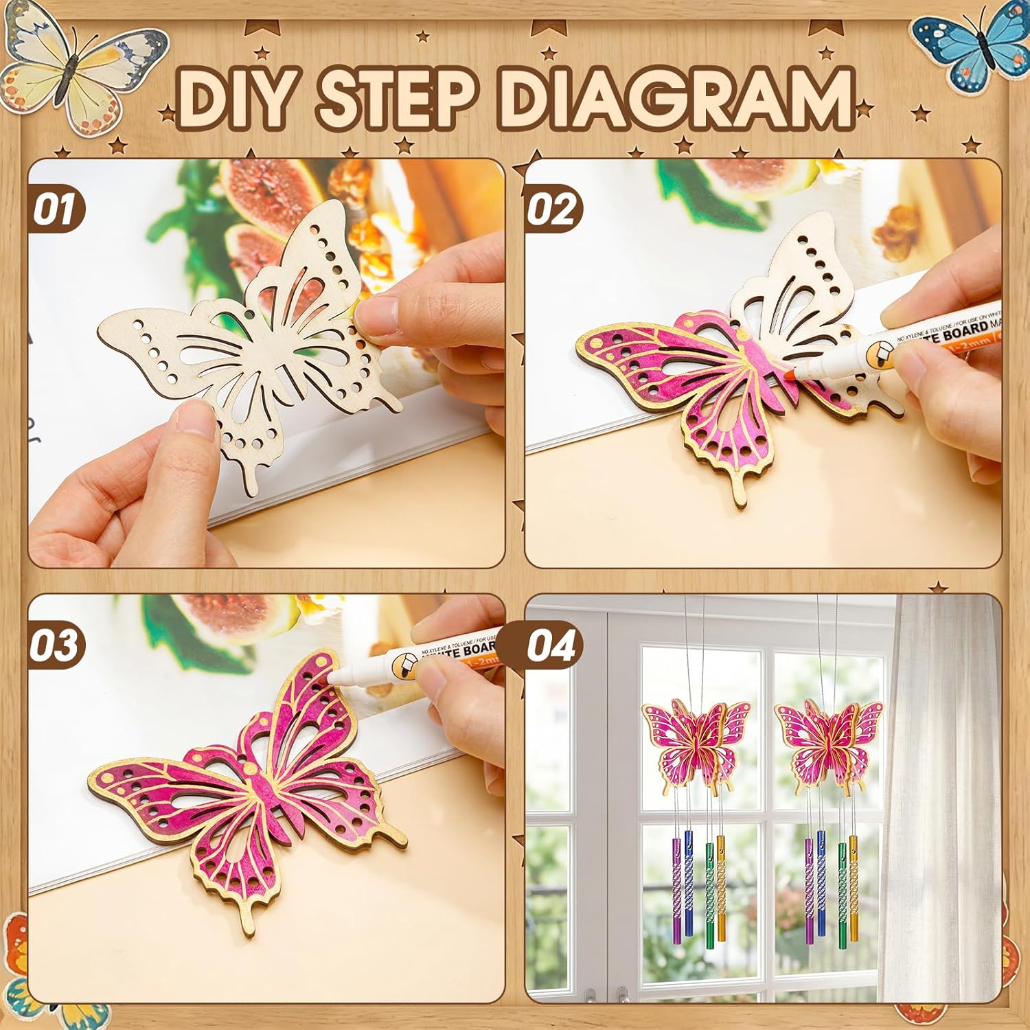 Leinuosen 30 Pcs Butterfly Wind Chime Kit for Kids Make Your Own Butterfly Wind Chimes Decorative DIY Coloring Wooden Crafts for Spring Art Activities Garden Home Patio Party Decorations