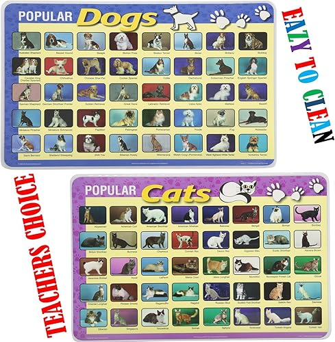 Painless Learning Juego de 2 manteles individuales educativos para niños, gatos y perros, antideslizantes, lavables